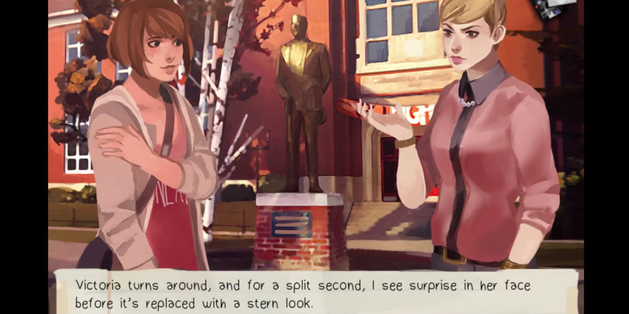 Max's inner monologue displayed in visual novel style with her and Victoria's 2D character models on-screen in this Life Is Strange fan game.