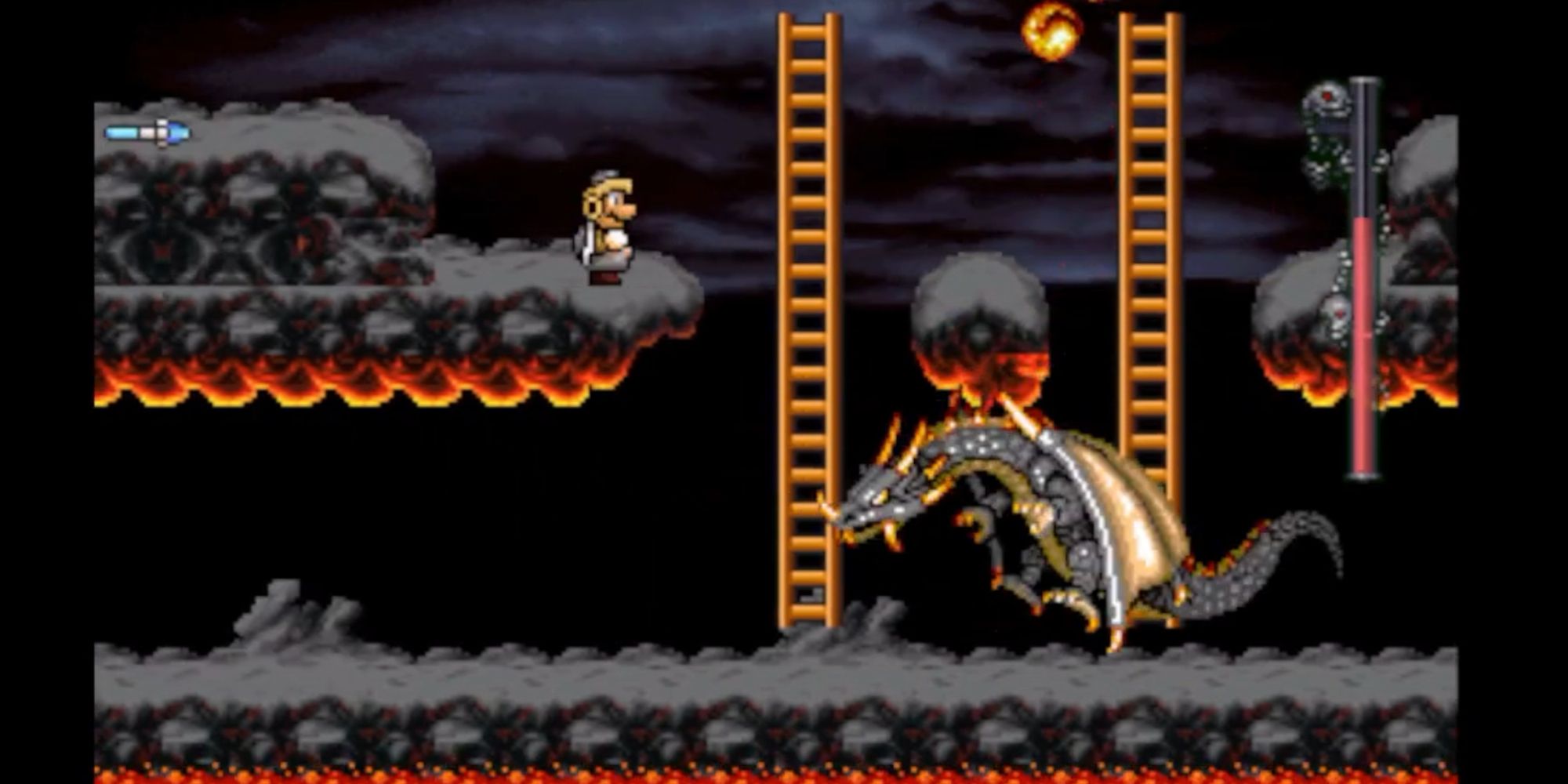 Mario in armor in a ghastly gameplay section facing off with a giant black and gold dragon.