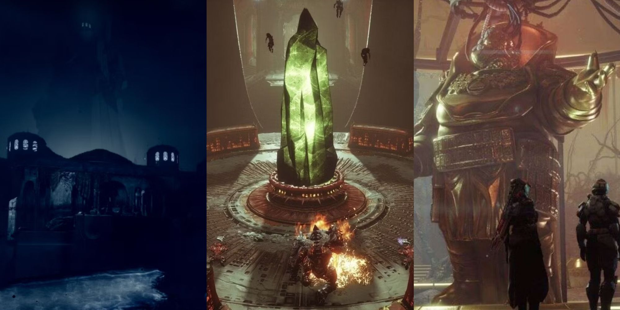 A collage showing Shattered Throne, The Pit, and Duality.