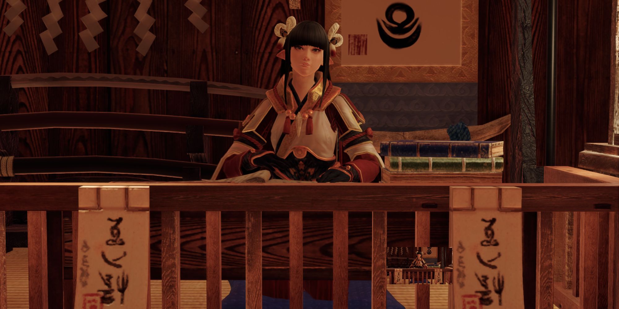 Minoto, the Gathering Hub Quest Handler sitting behind a counter in Monster Hunter Rise.