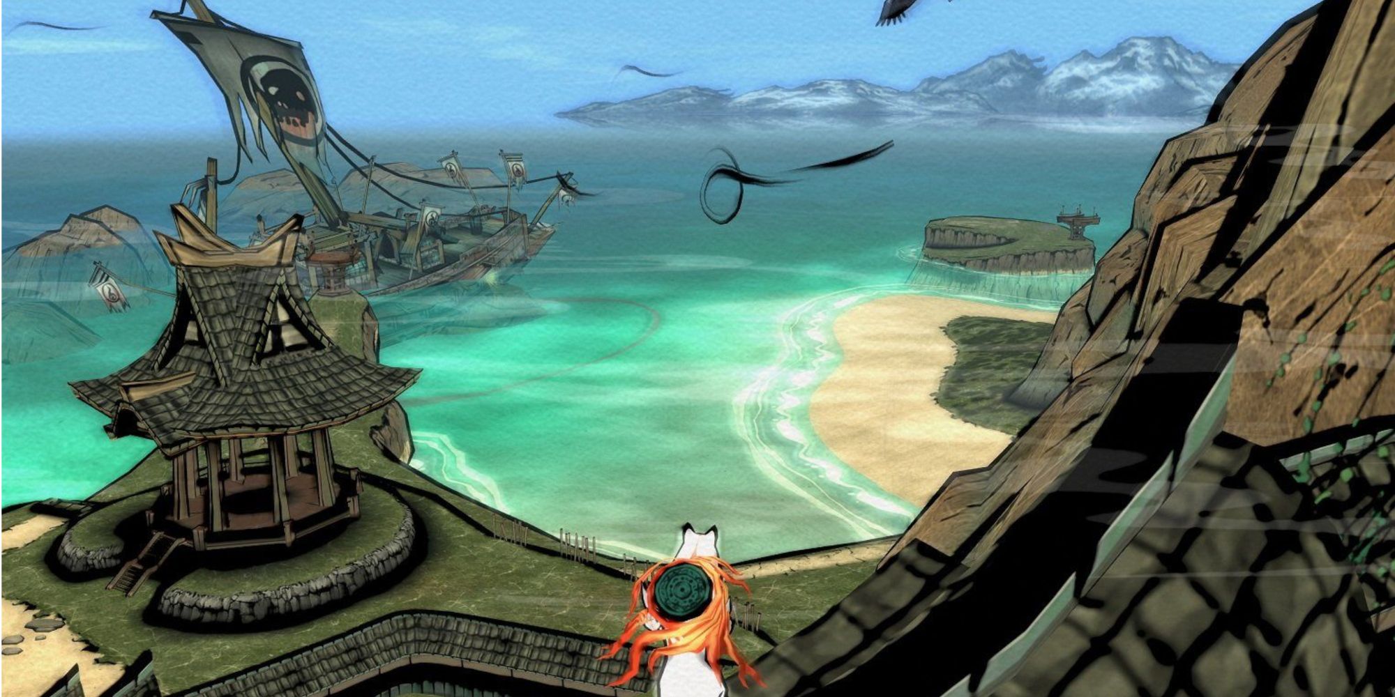 Okami resting on a beach looking out at the ocean