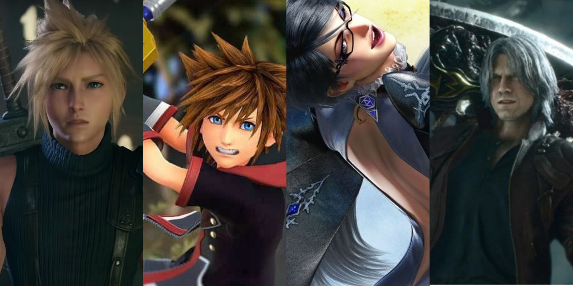 split image of Cloud, Sora, Bayonetta and Dante for games like KH3