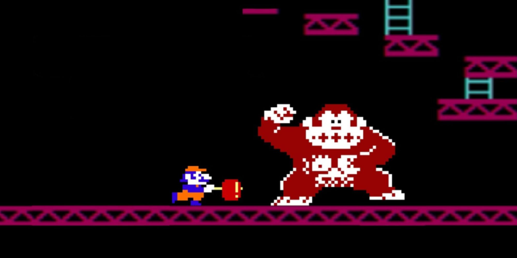 mario trying to hit donkey kong with a hammer