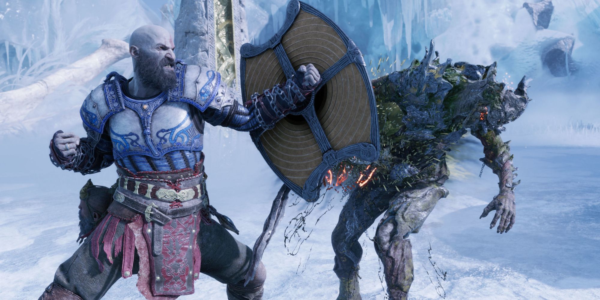 kratos hitting an enemy with his shield in god of war ragnarok