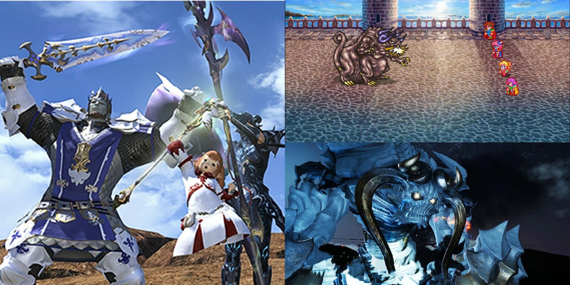 Final Fantasy 14 left, Final Fantasy 5 upper right, Final Fantasy 15 bottom right