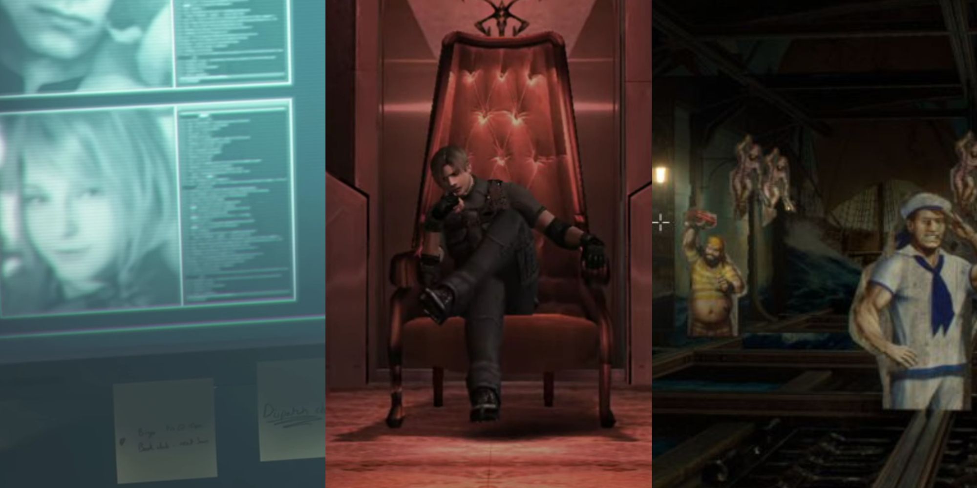 A three-image collage of Hunnigan's computer screen from the end of RE4 Remake with Bingo note, the original 2005 Leon Kennedy sitting on the throne, and the shooting gallery from Resident Evil 4 Remake.