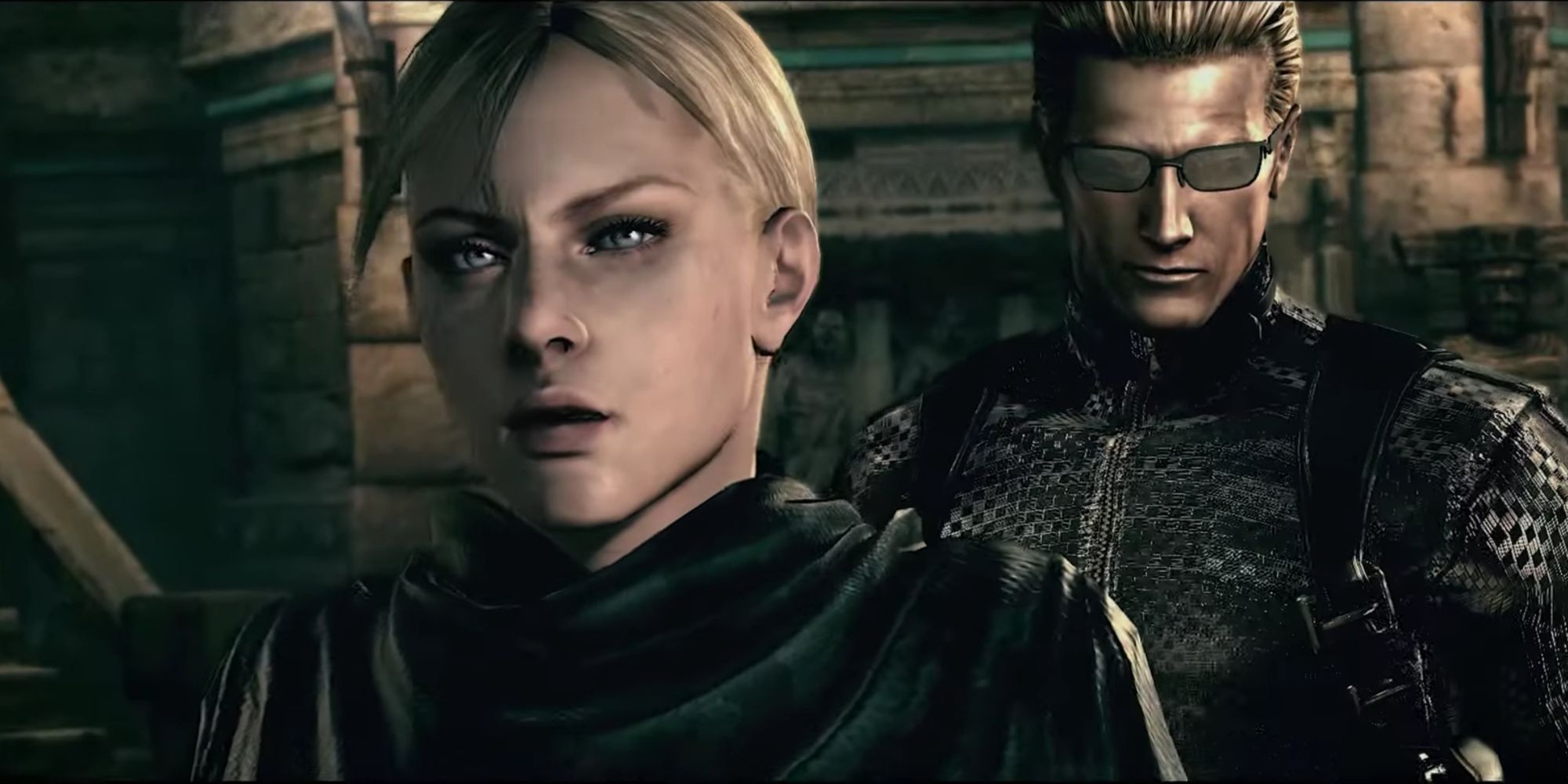 The mind-controlled evil Jill dresses in a black cloak, revealed to Chris and Sheba in Resident Evil 5, stands near Albert Wesker.