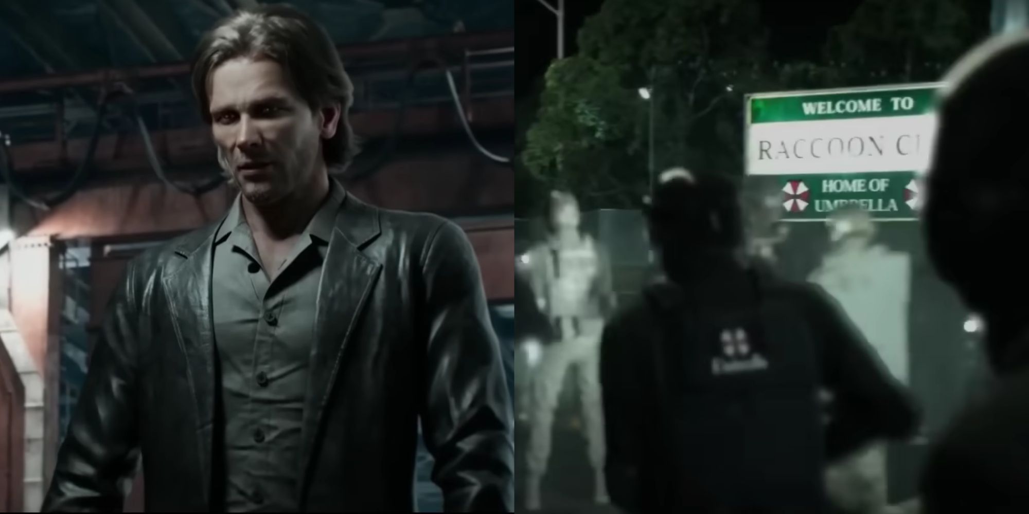 A split image of Dylan, a new enemy, talking to Jill and the team, and a flashback scene of Dylan heading to Raccoon City as a USS soldier.
