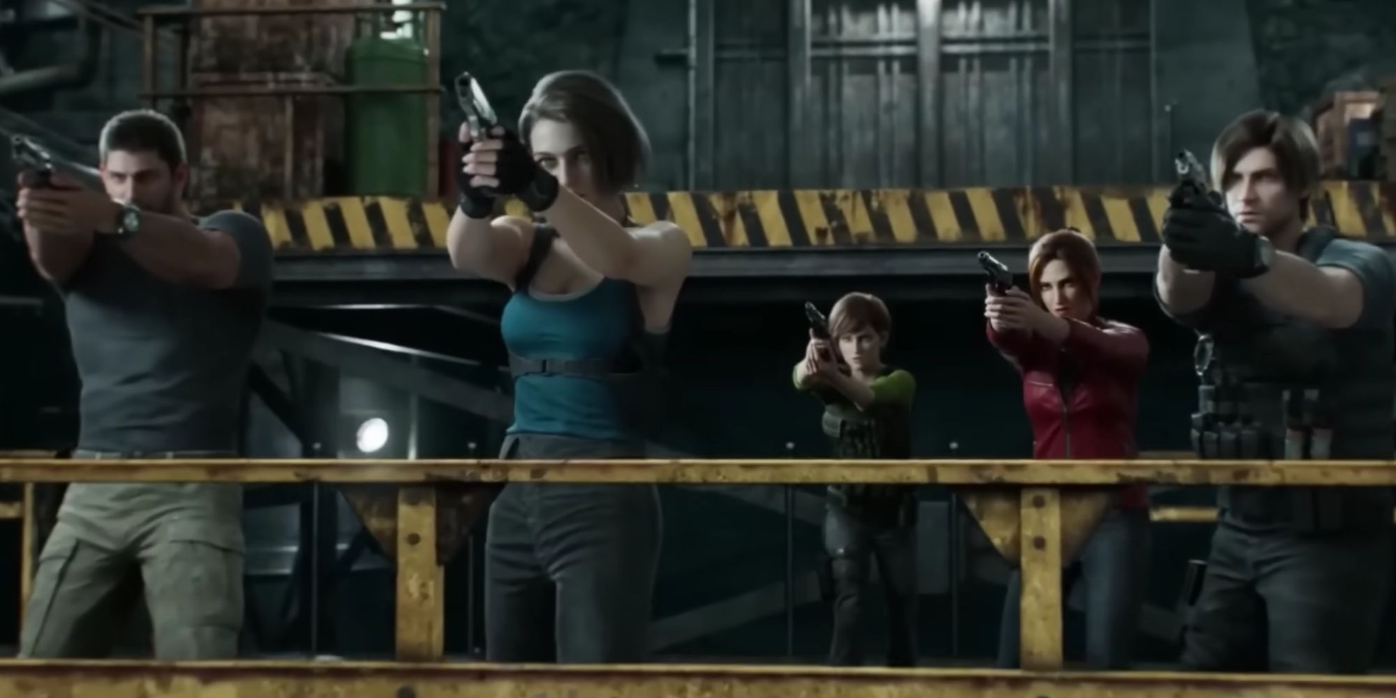 Chris, Jill, Leon, Claire, and Rebecca all stand side by side and point guns at whoever they're facing in an Avengers-worthy moment.