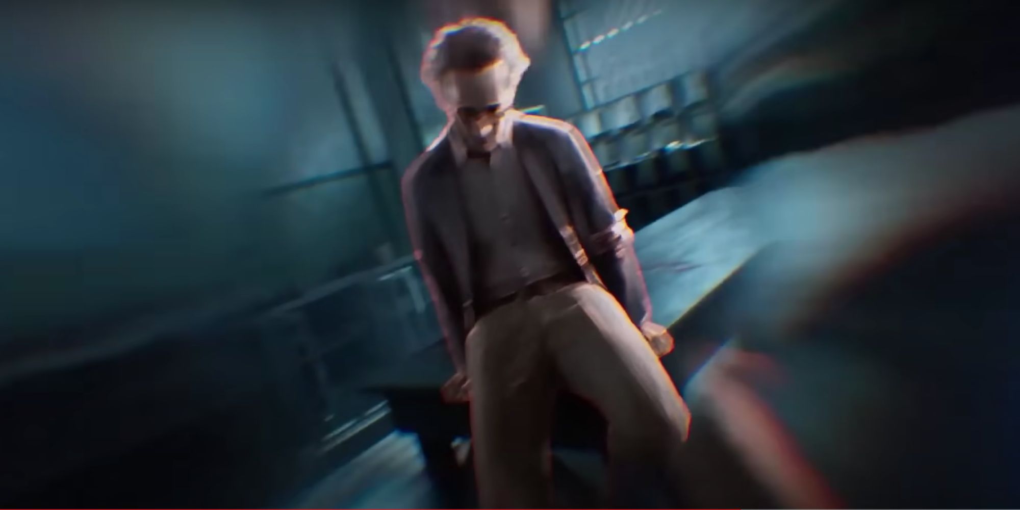 Dr. Taylor's blurry expression as he leans over his desk from someone else's perspective in the RE Death Island trailer.