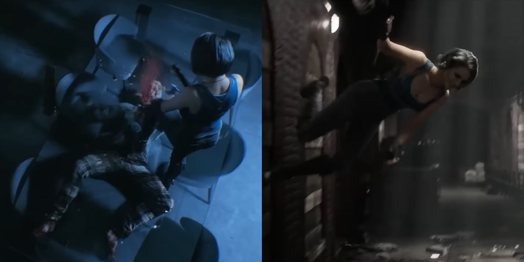 Split images of Jill standing on a table and zombies shooting and Jill wall running in the trailer.