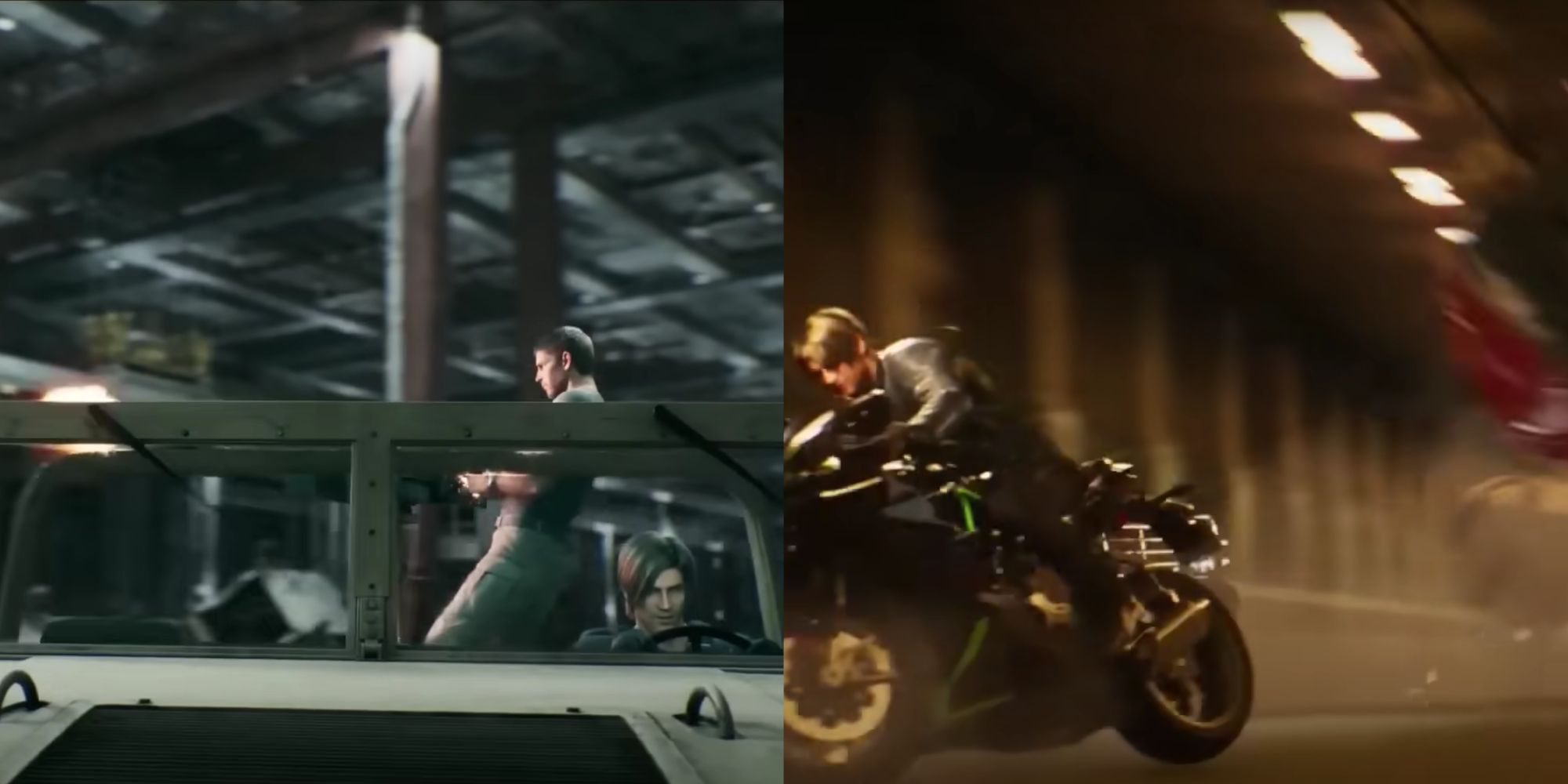 A split image of Leon driving a Humvee-type vehicle, Chris controlling a gun in the back, and Leon dodging a red car on a motorcycle in a tunnel.
