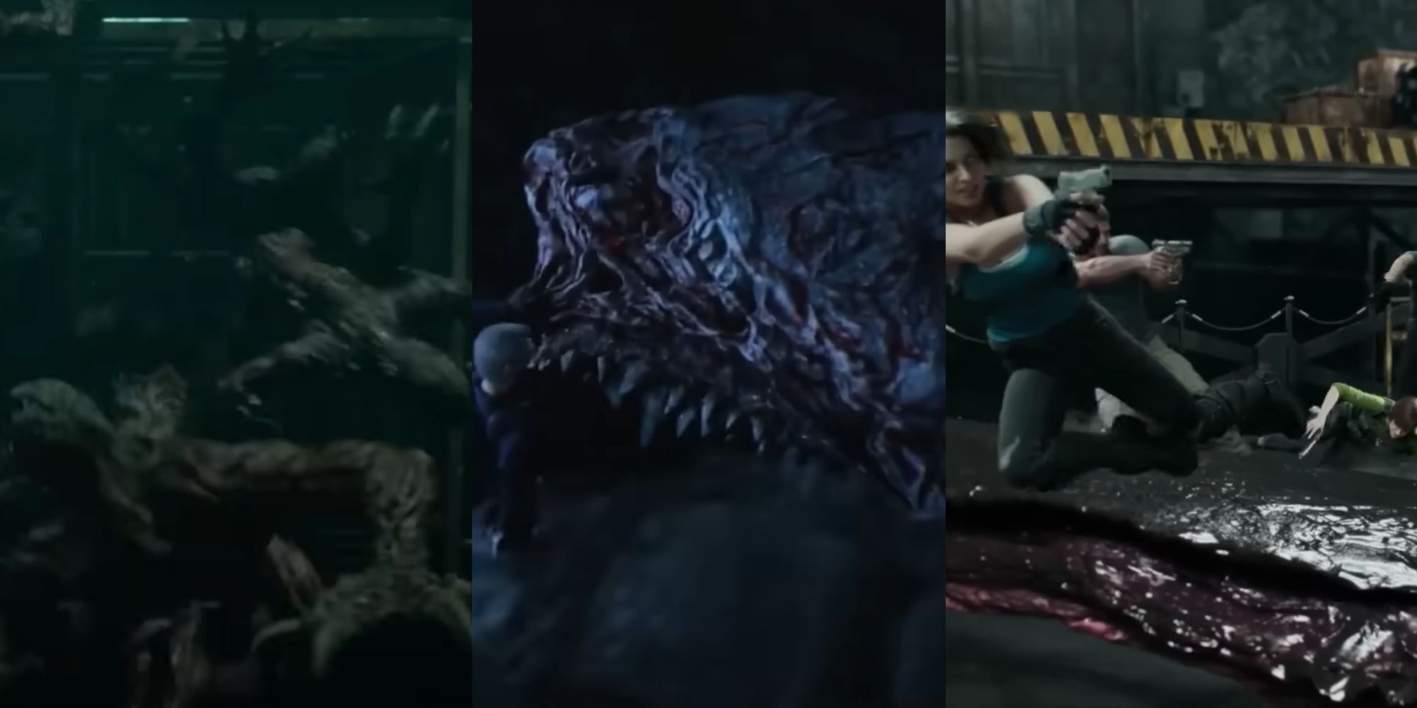 A collage of three images: a licker swimming in water, a giant shark holding a man in its mouth, and a giant fin close in on the main cast of characters.