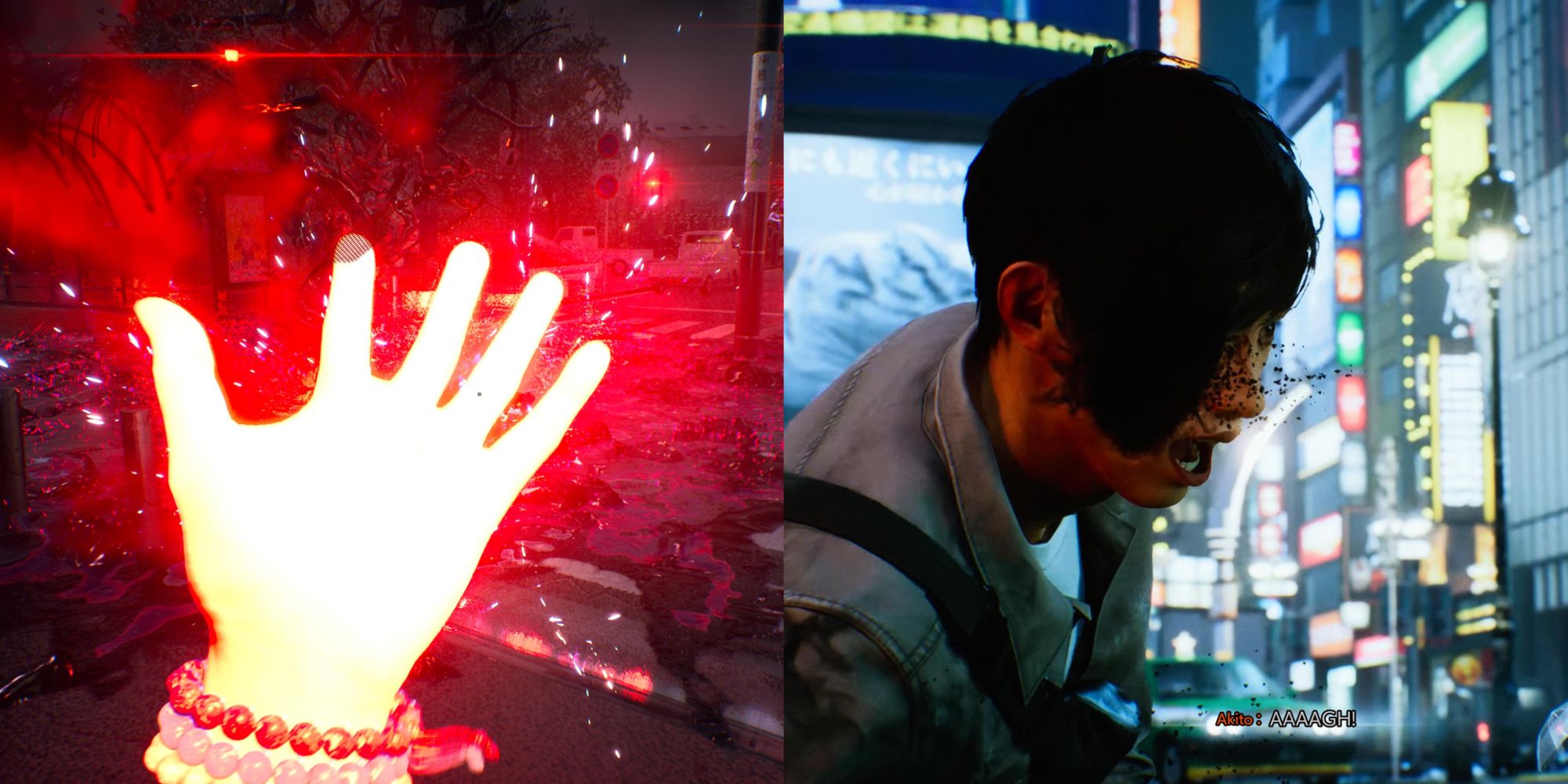 A collage showing Prayer Beads and a red glowing hand on the left, and the protagonist screaming on the right.