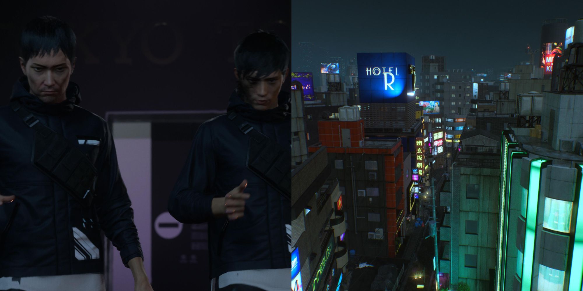 A collage showing KK and the protagonist on the left, and a screenshot of the city from the roof a building on the right.