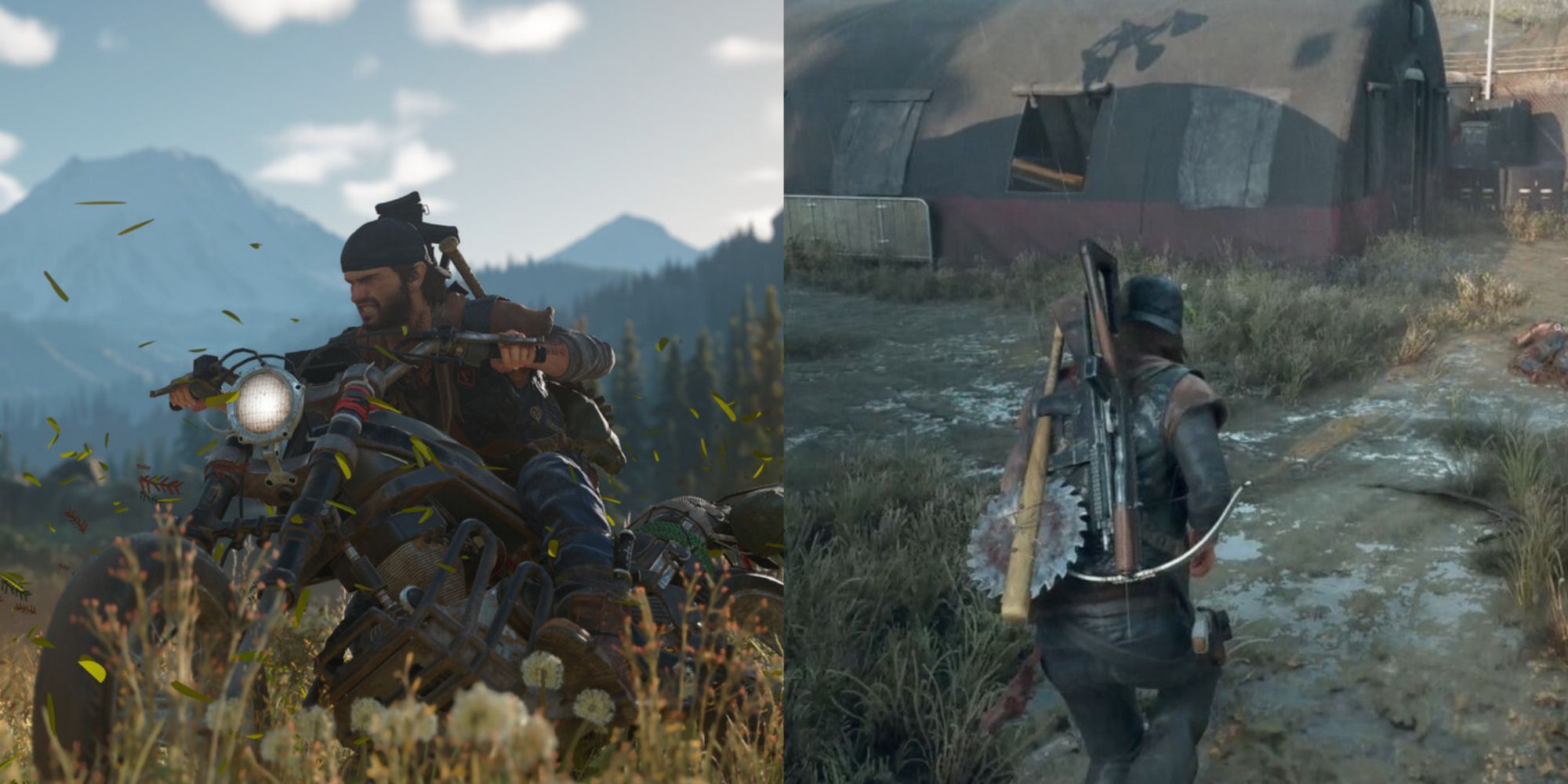 A collage showing the protagonist riding his motorbike on the left and walking into a camp on the right.
