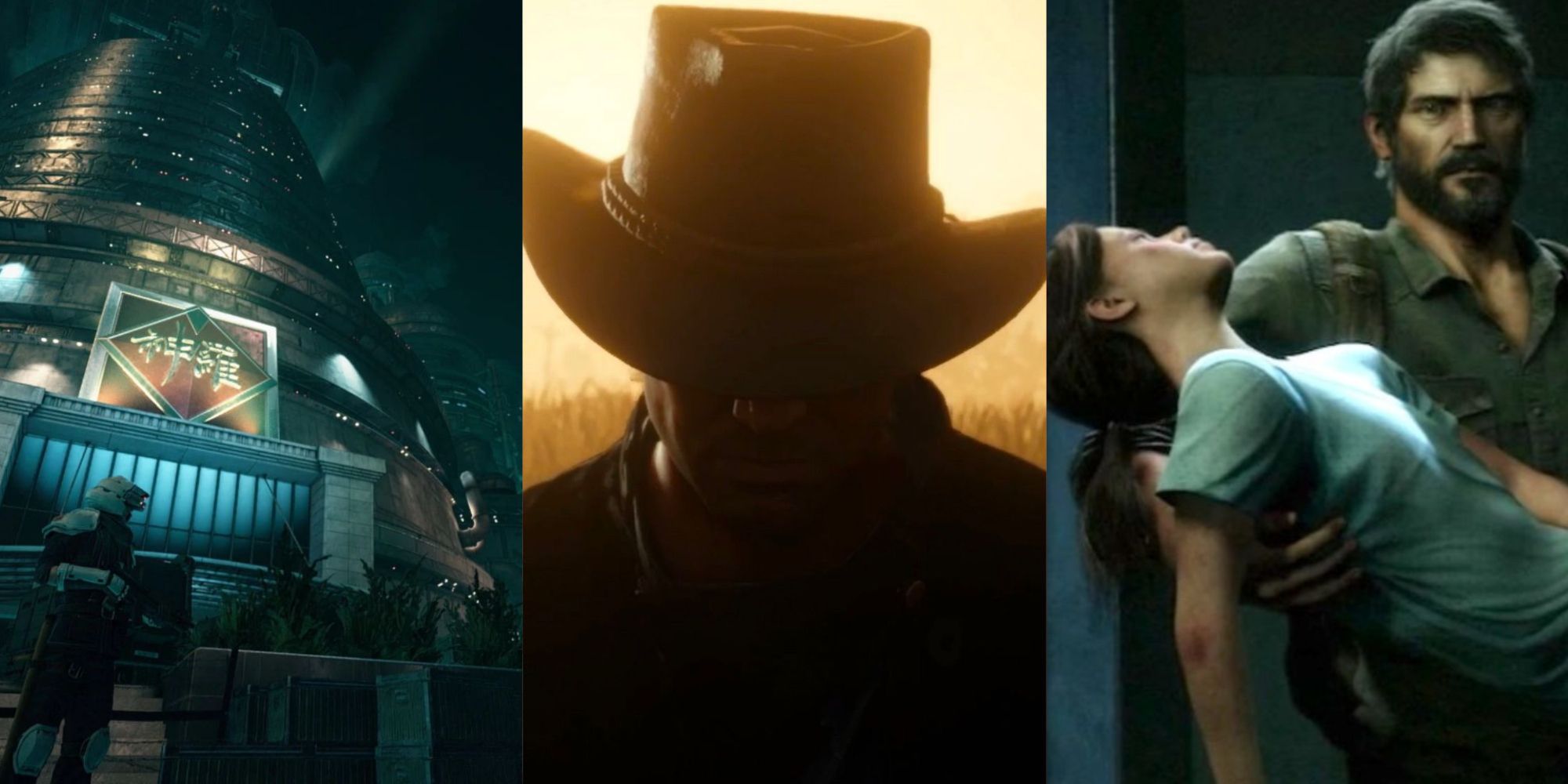 Split Image of Shinra, Arthur Morgan, and Joel & Ellie