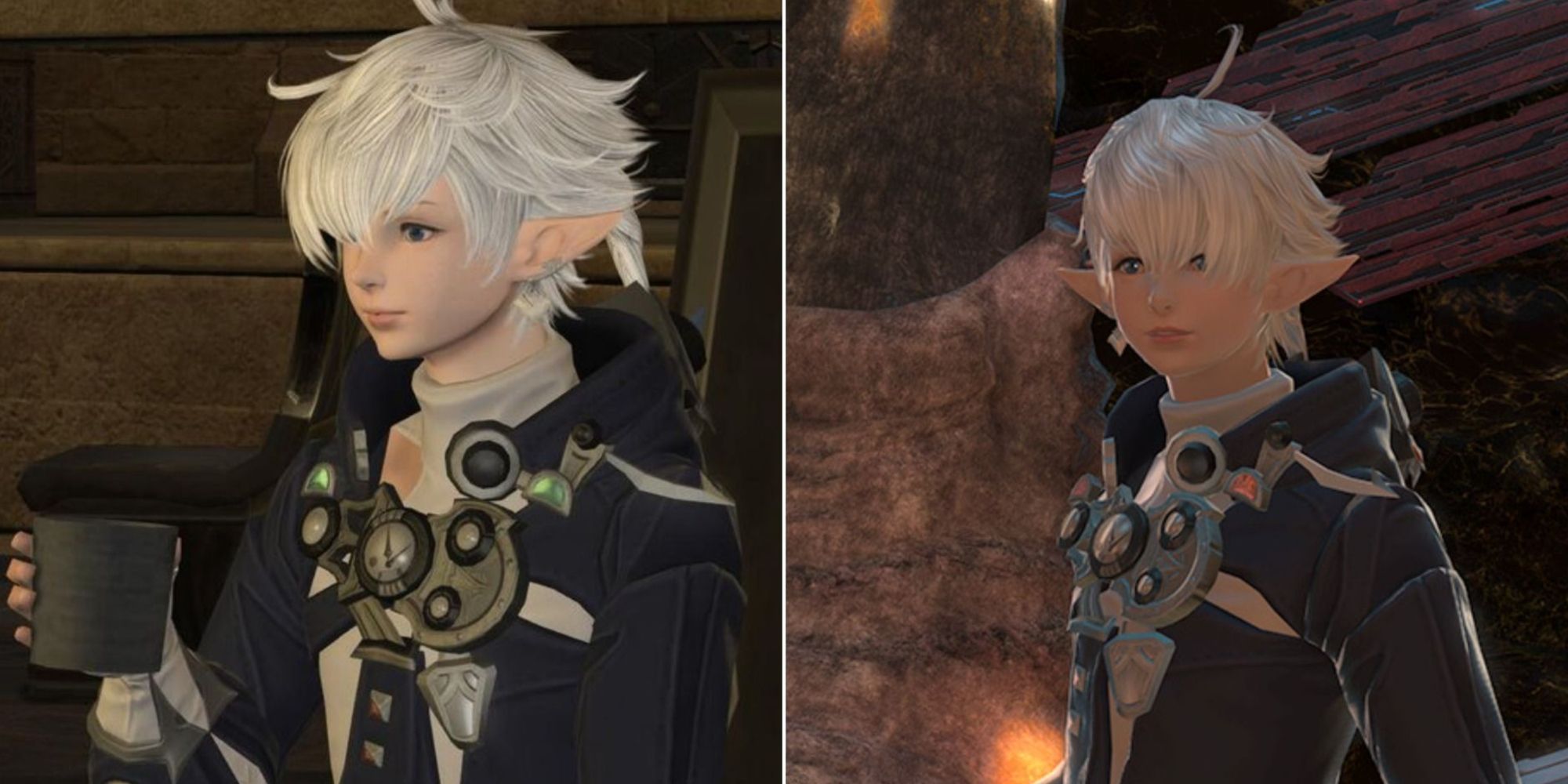 A split image of the twin duo Alphinaud and Alisaie from FF14, one with a mug in hand.