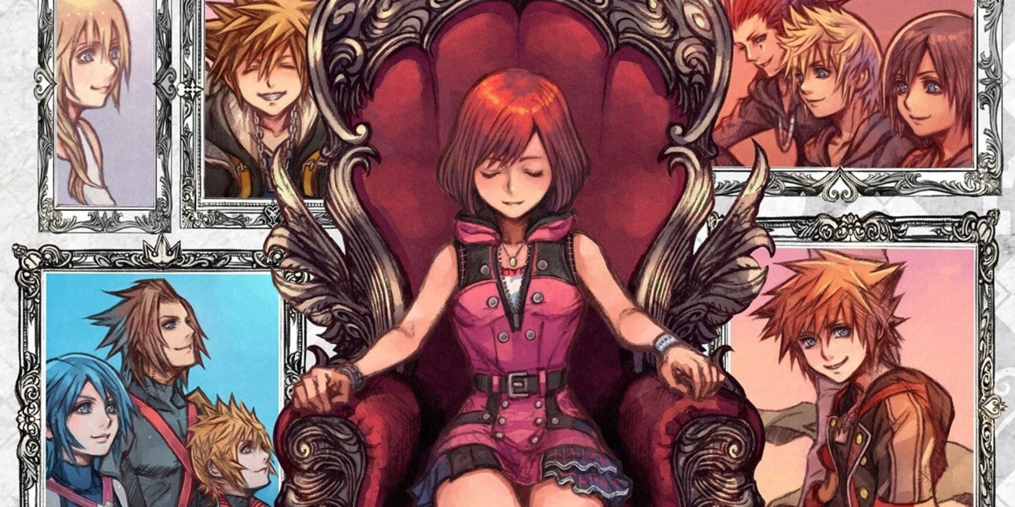 Kairi Sitting In A Throne In Front Of Several Pictures 