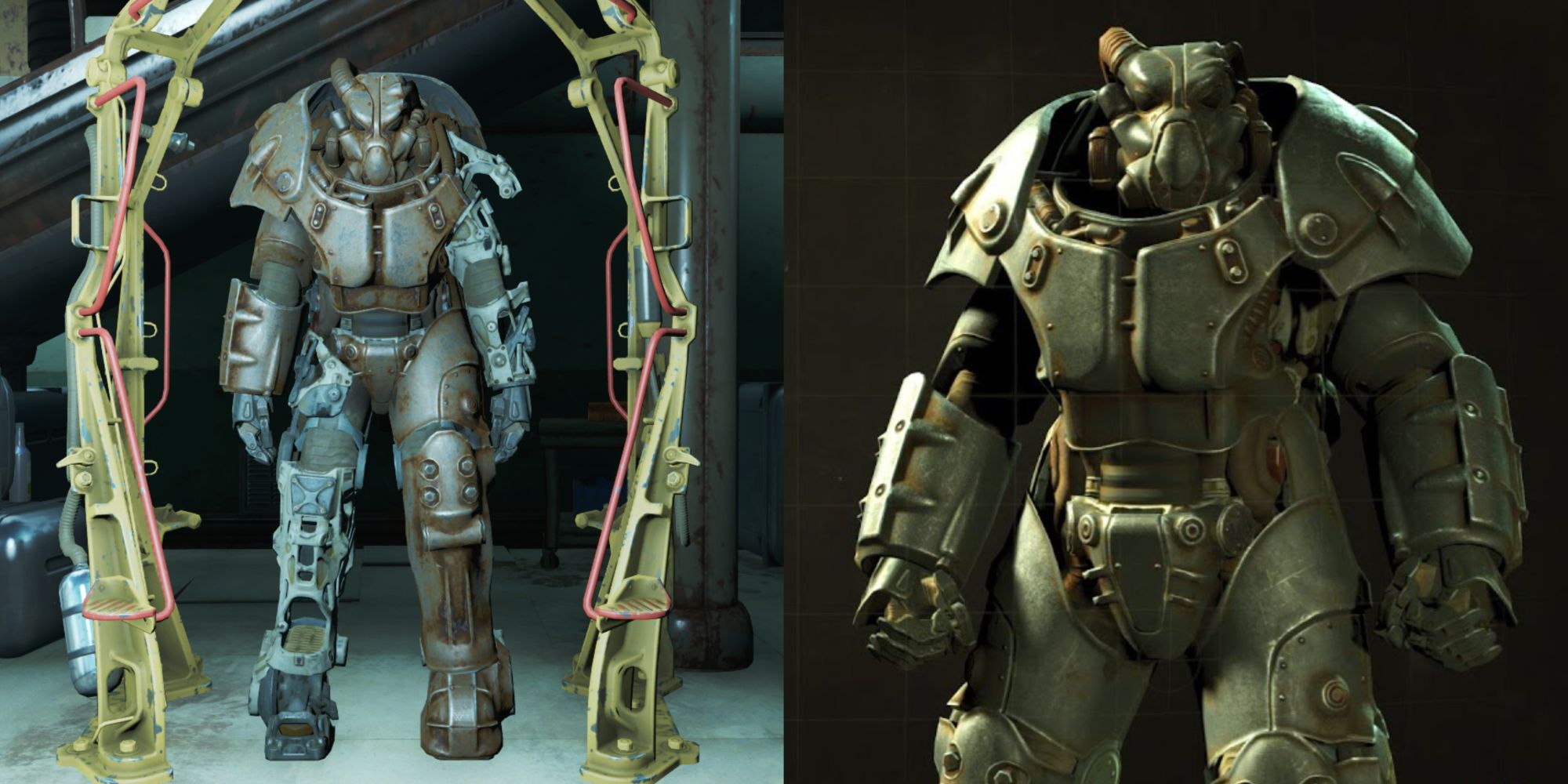 A collage showing two different screenshots featuring the X-01 Power Armor.