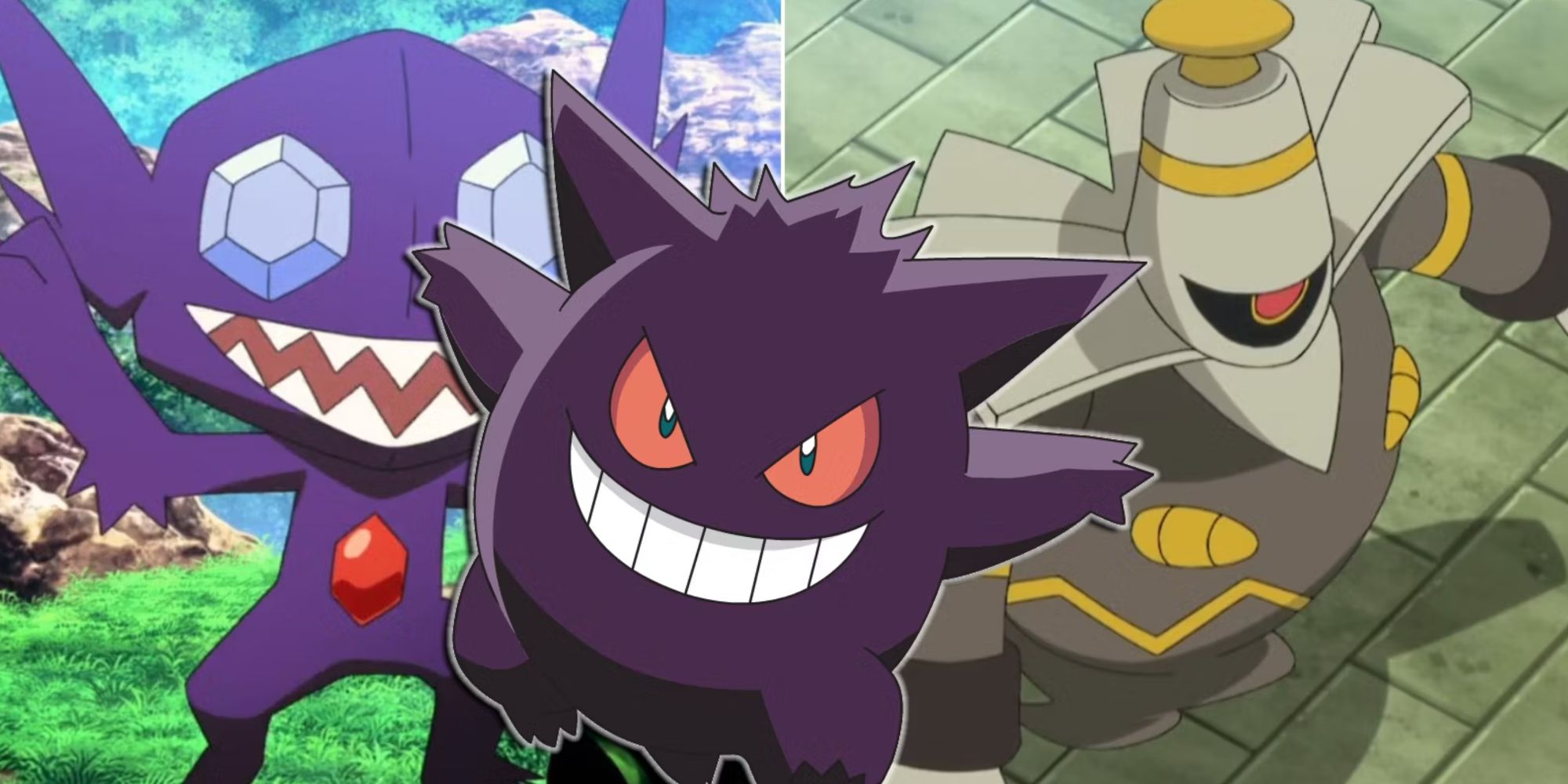 A collage of Subeye, Gengar, and Dusknoir that appear in the Pokemon anime.