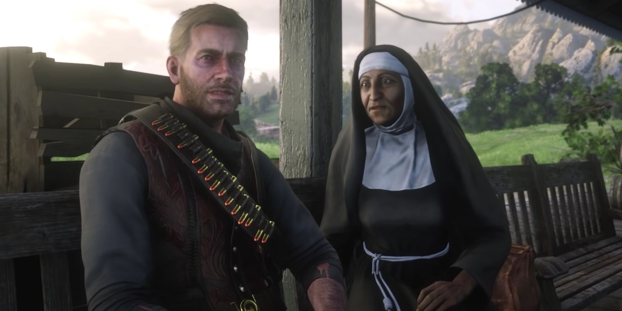 With a serious expression on his face, Arthur looks away from Sister Calderon and tells her about his life at the train station,