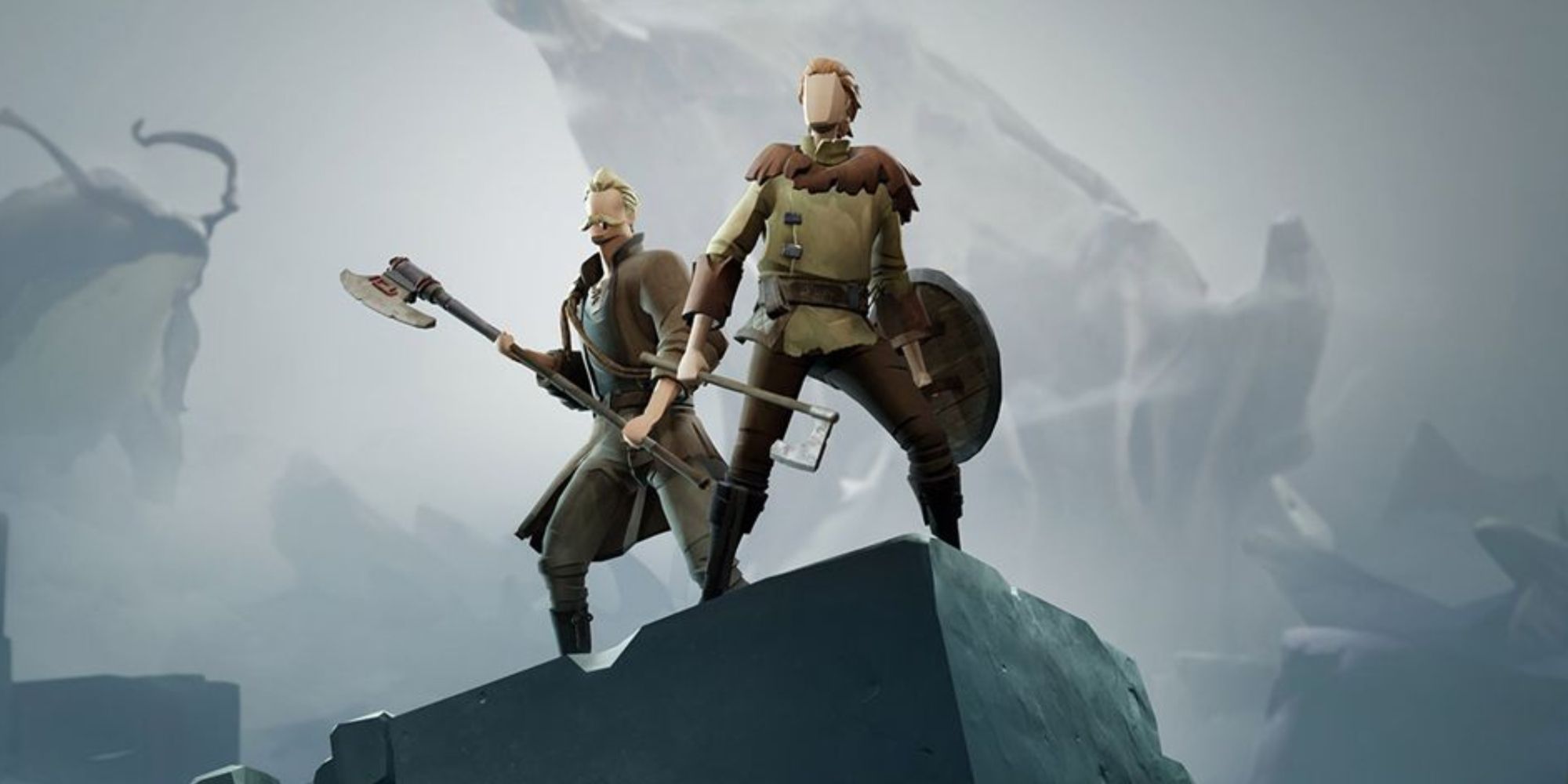 A wanderer with an axe and shield standing beside a mustached companion holding a long axe atop a cliff.