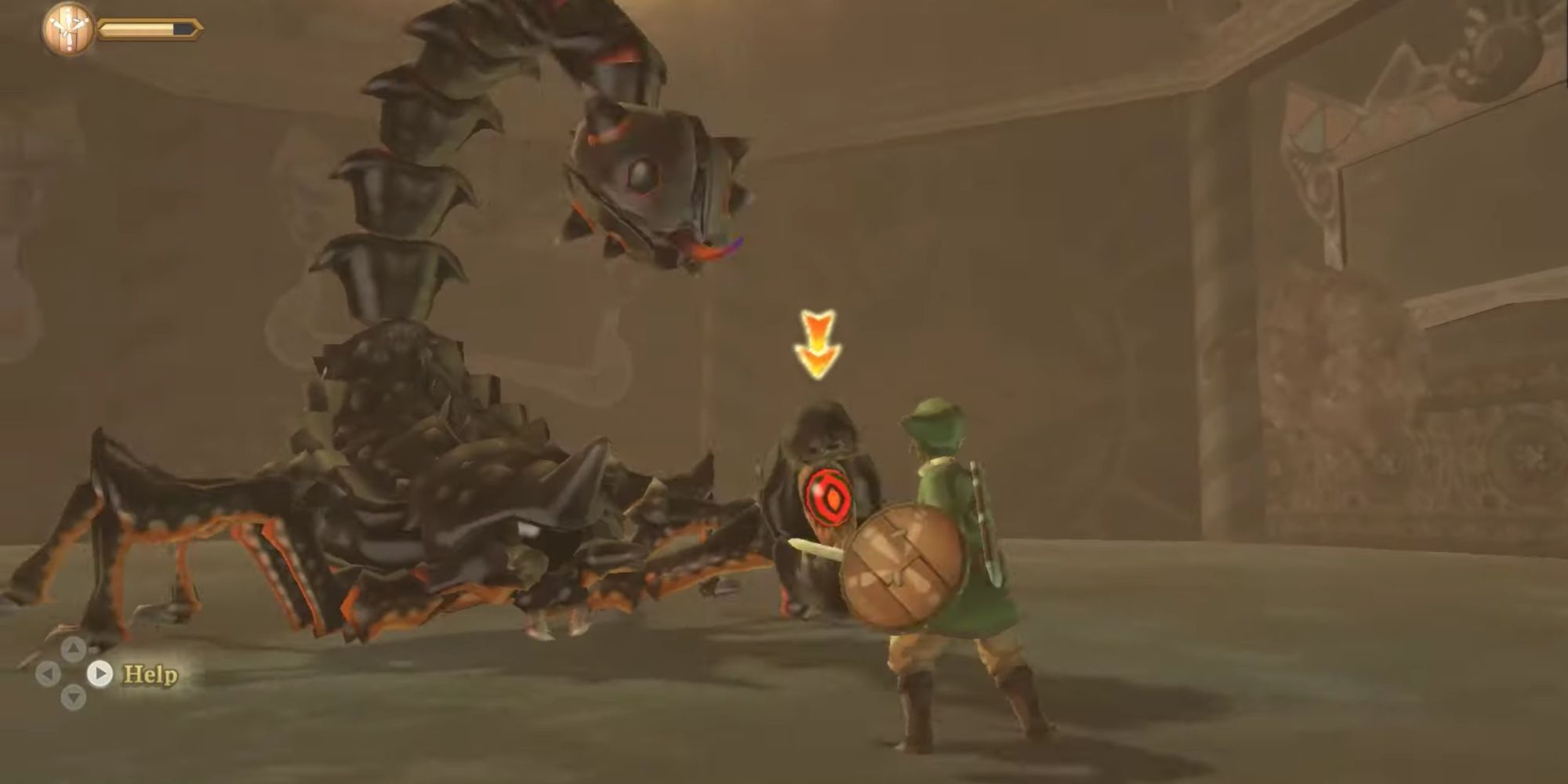 Link facing the scorpion boss in the Lanayru Mining Facility dungeon in the sand pit, the arrow icon calling for an attack.