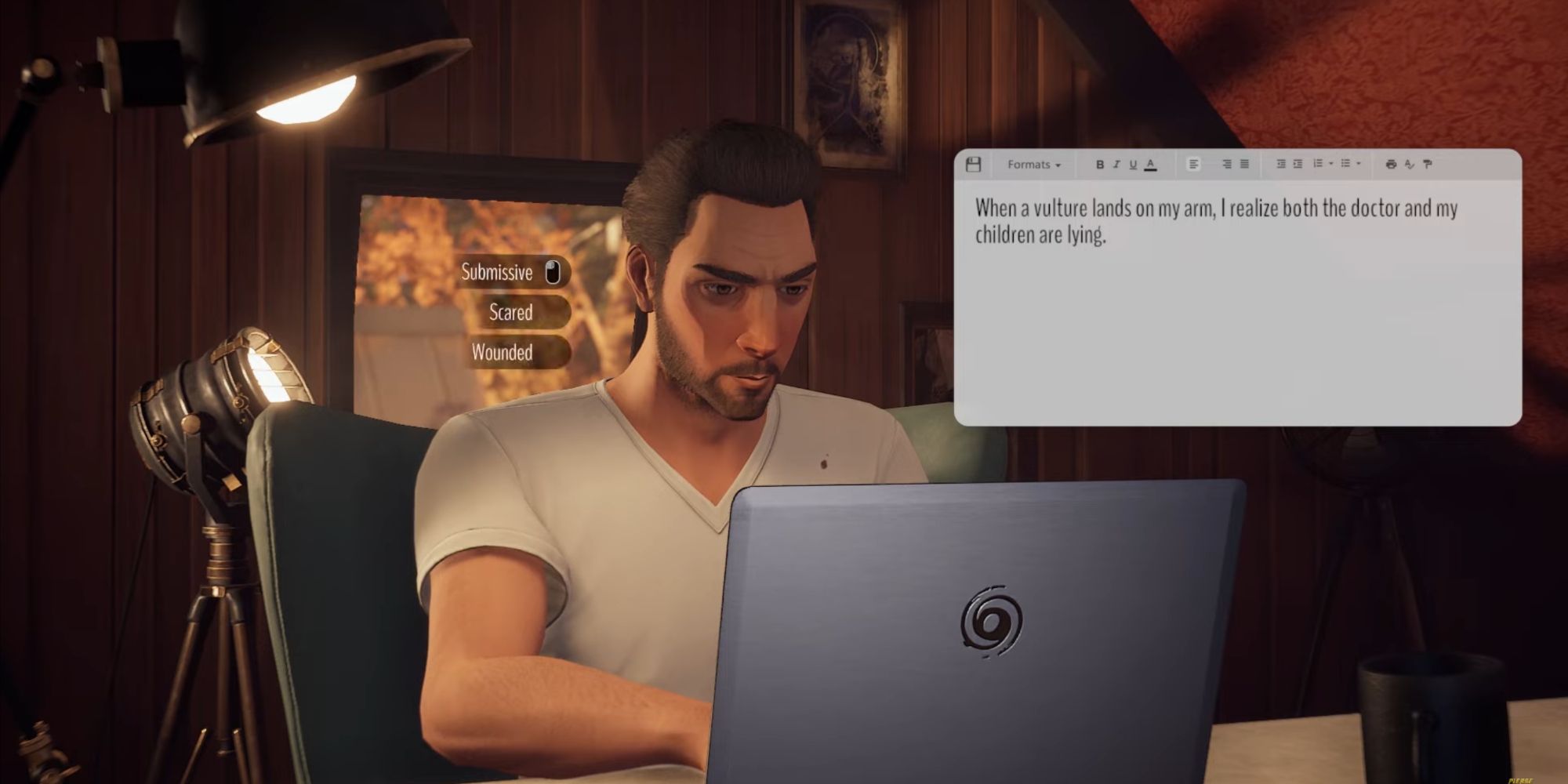 The main protagonist Ed typing a sentence on his document, with a prompt asking you to choose the next sentence.