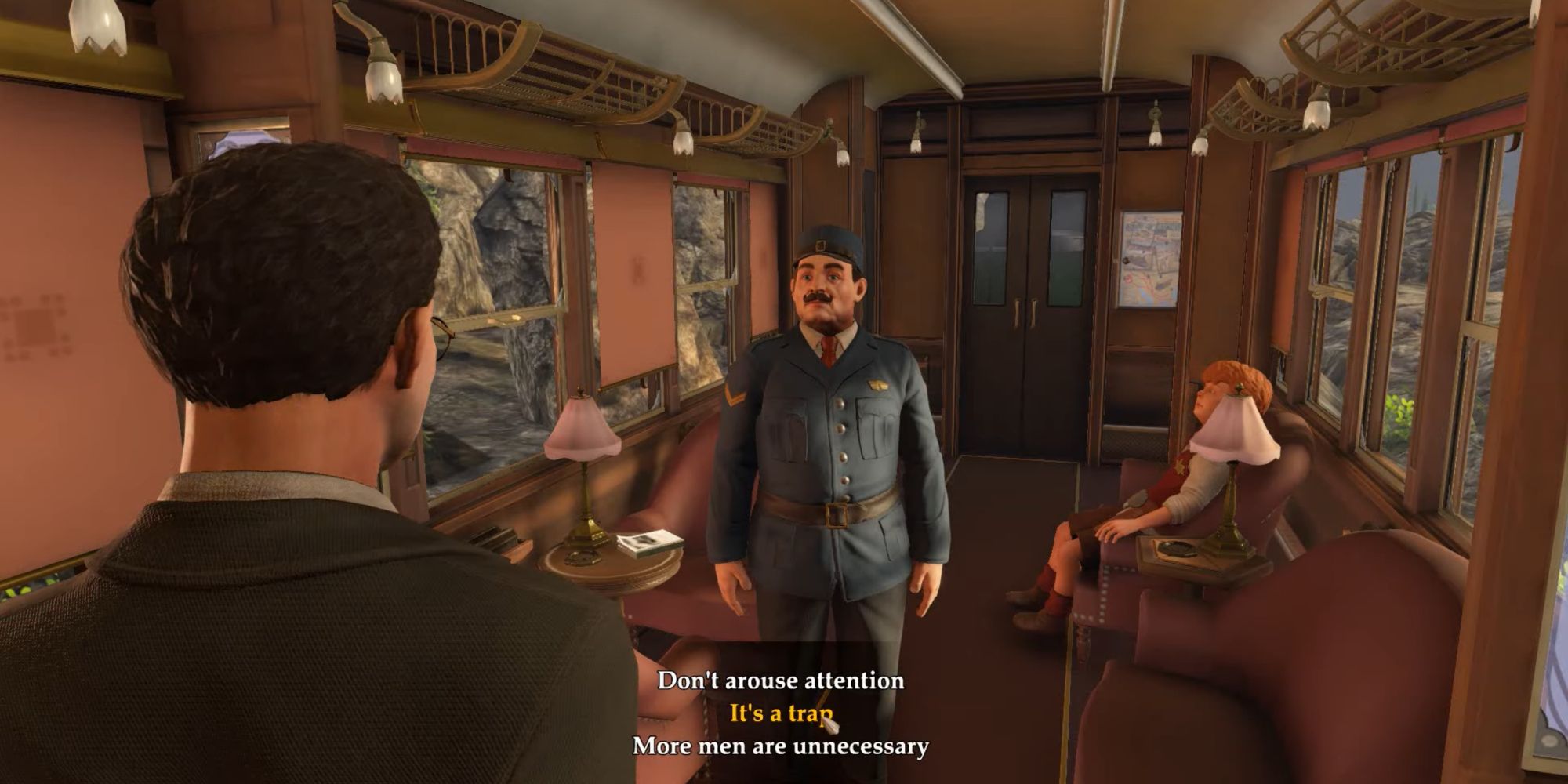 A detective speaking to a character aboard a train, with the dialogue options displayed on-screen.