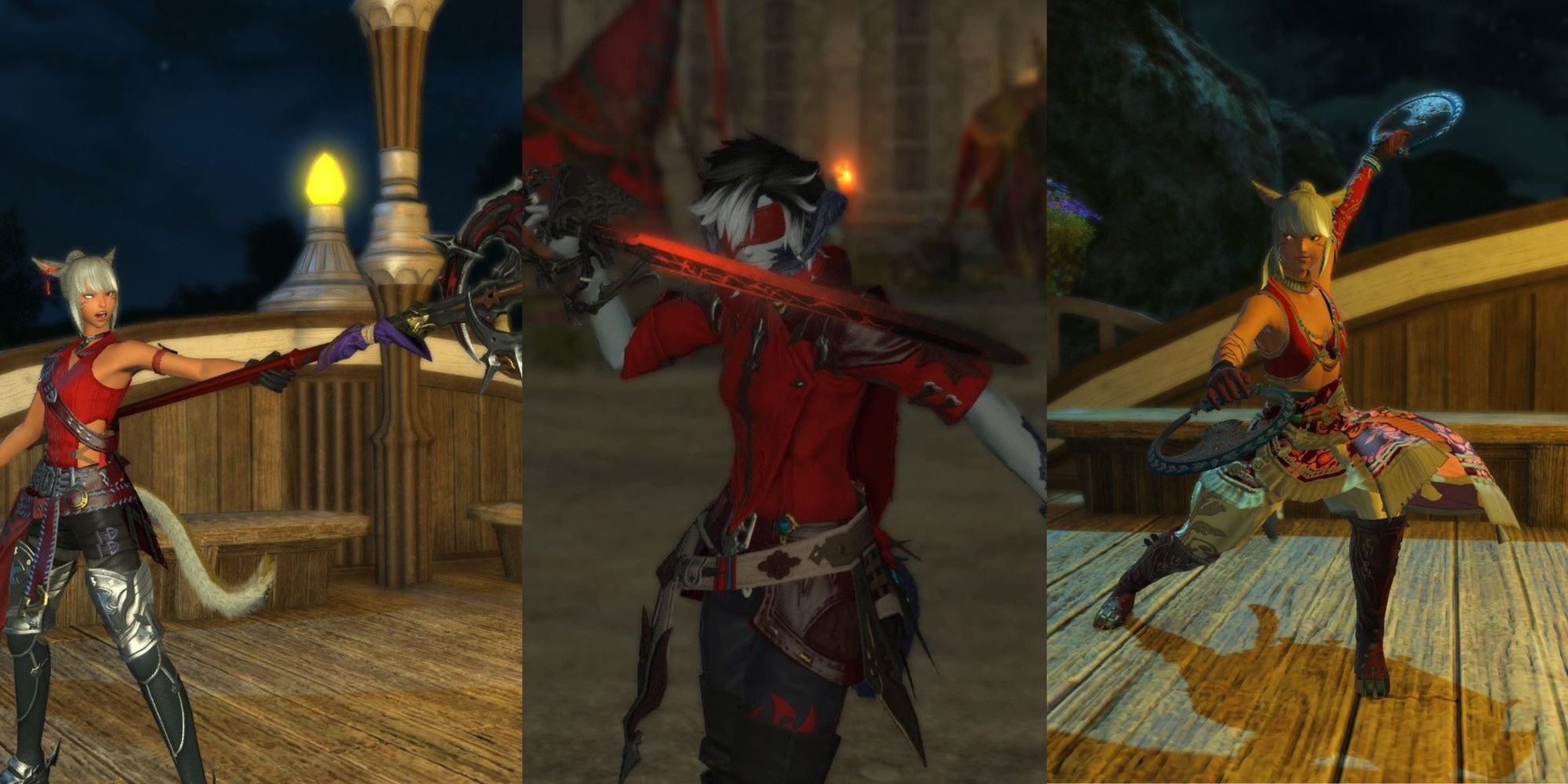 split image of melee and ranged DPS classes holding their weapons in Final Fantasy 14