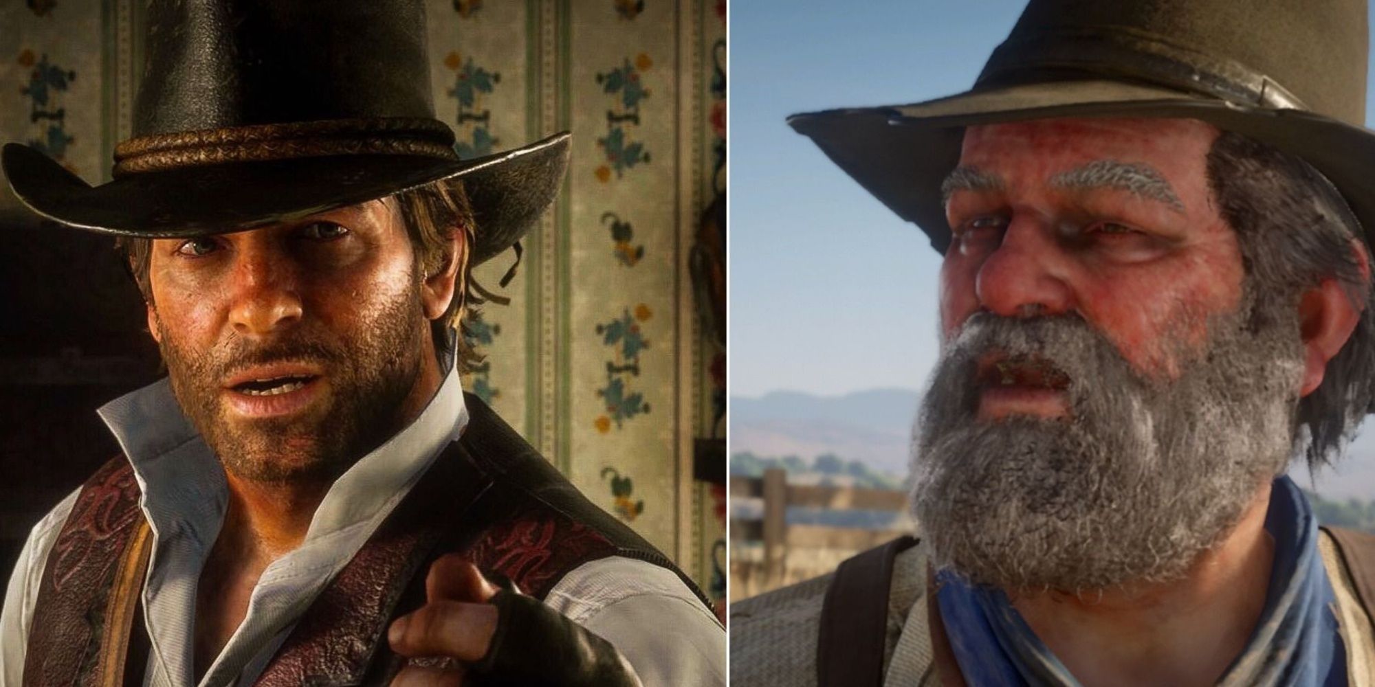 Arthur with a brown vest and black hat side-by-side with Uncle in a brown suede hat and an unsure expression on his face.
