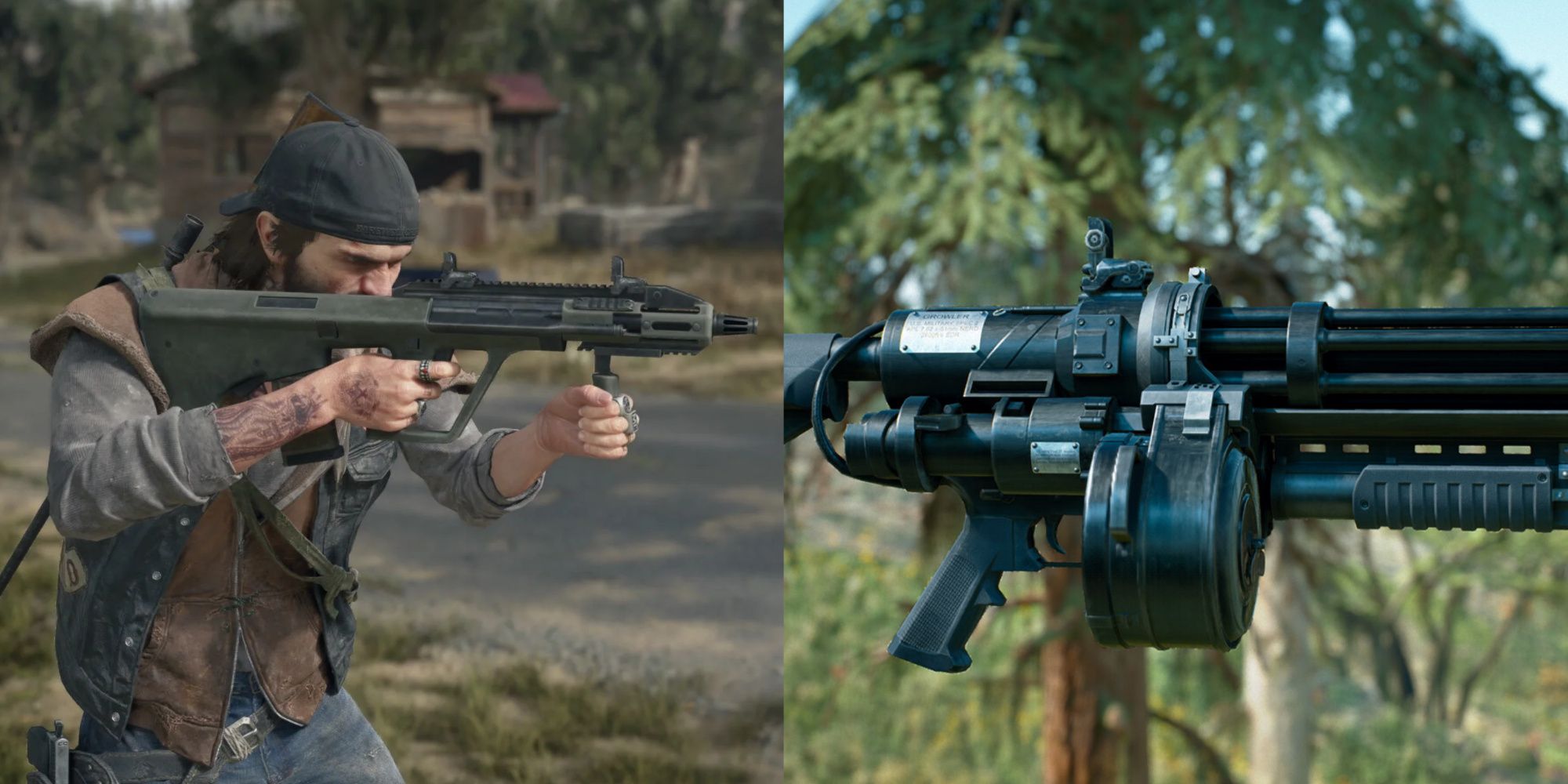 A collage of Deacon grabbing a gun on the left and the screenshot of another weapon on the right.