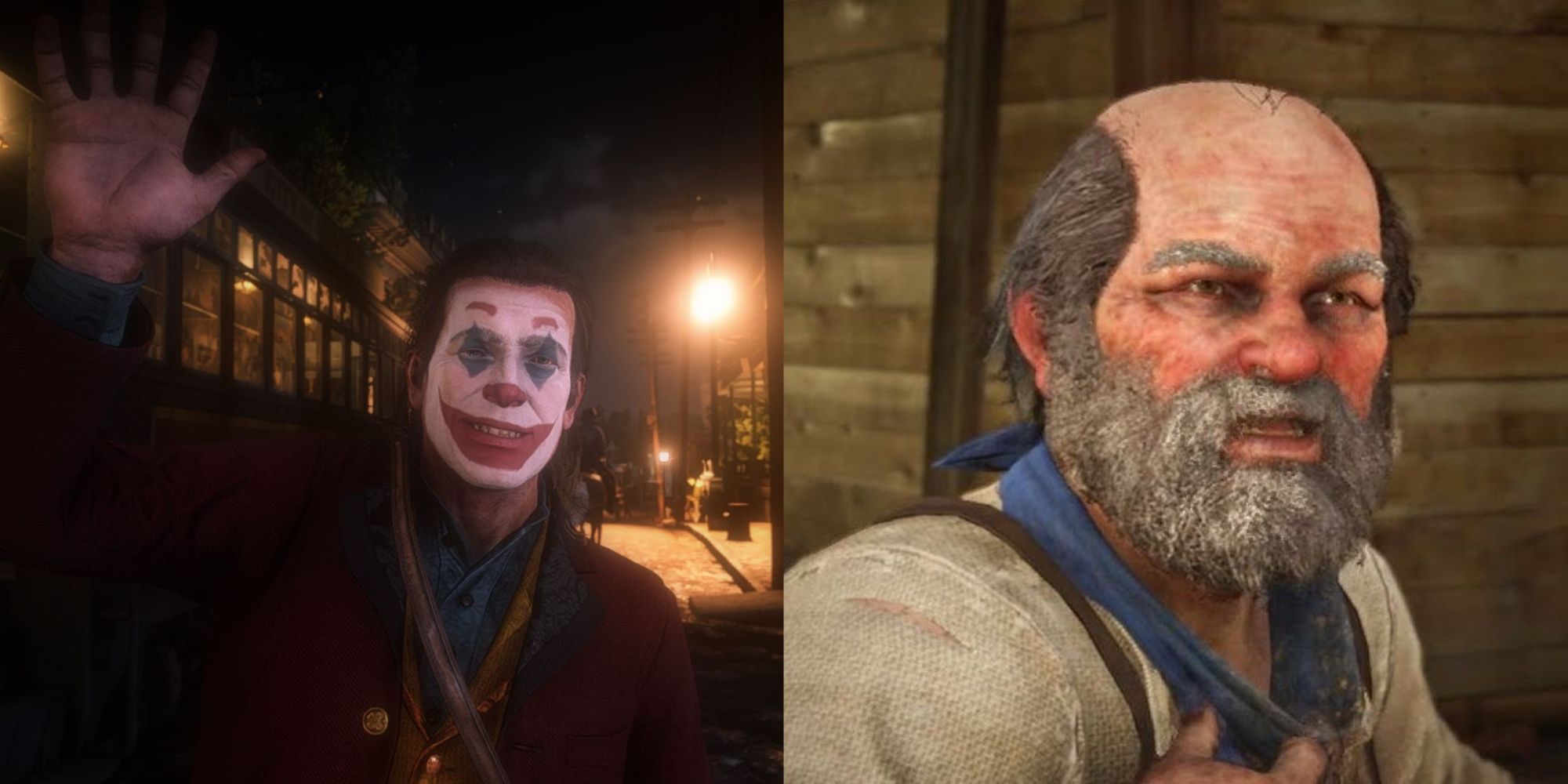 A split-image of a modded Arthur as the Arthur Fleck 2019 Joker, and Uncle without his hat.