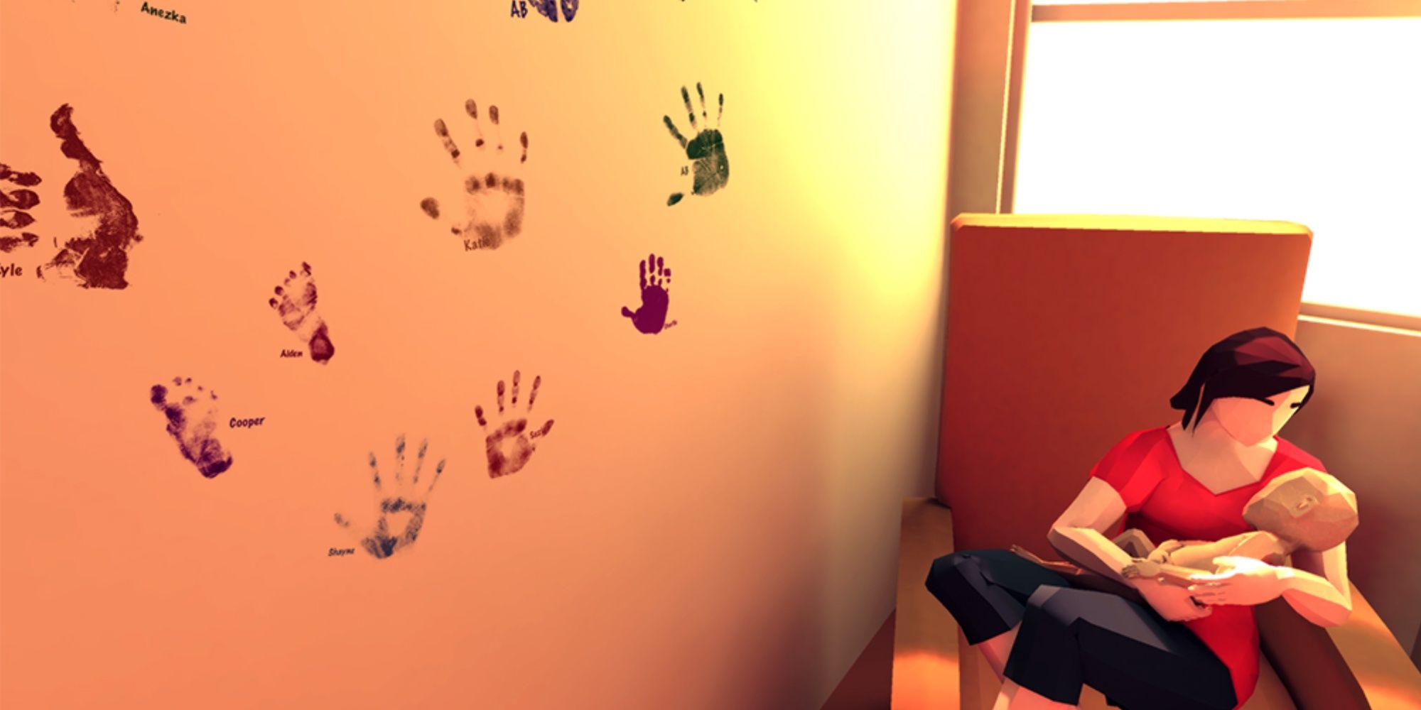 Joel Green in his mother's arms being rocked from a hospital chair in a room with other children's handprints painted on a wall.