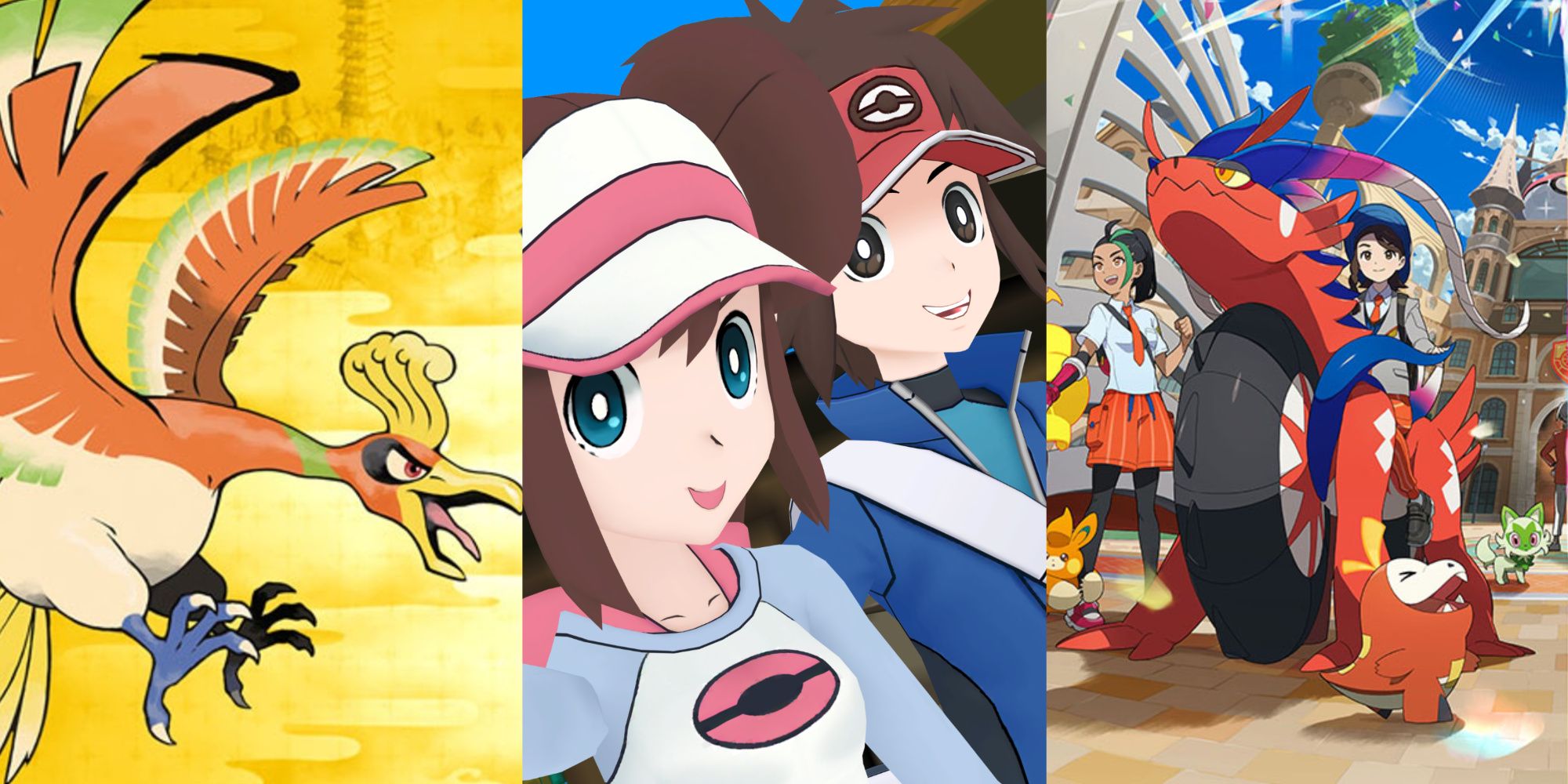 A collage showing the legendary Pokemon of Pokemon HeatGold, the trainers of Pokemon Black 2, and the legendary Pokemon of Pokemon Scarlet and other characters around it.