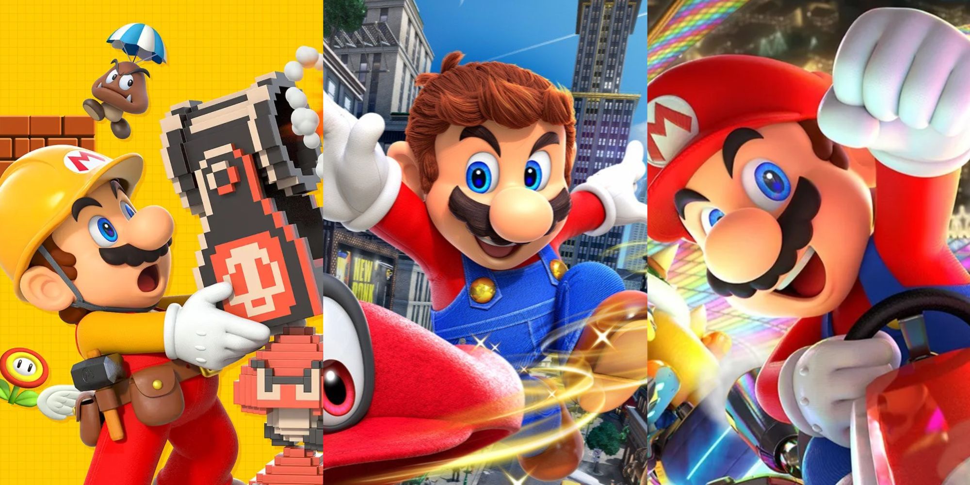 A collage with promotional art of Super Mario Maker 2, Super Mario Oddysey, and Mario Kart 8.