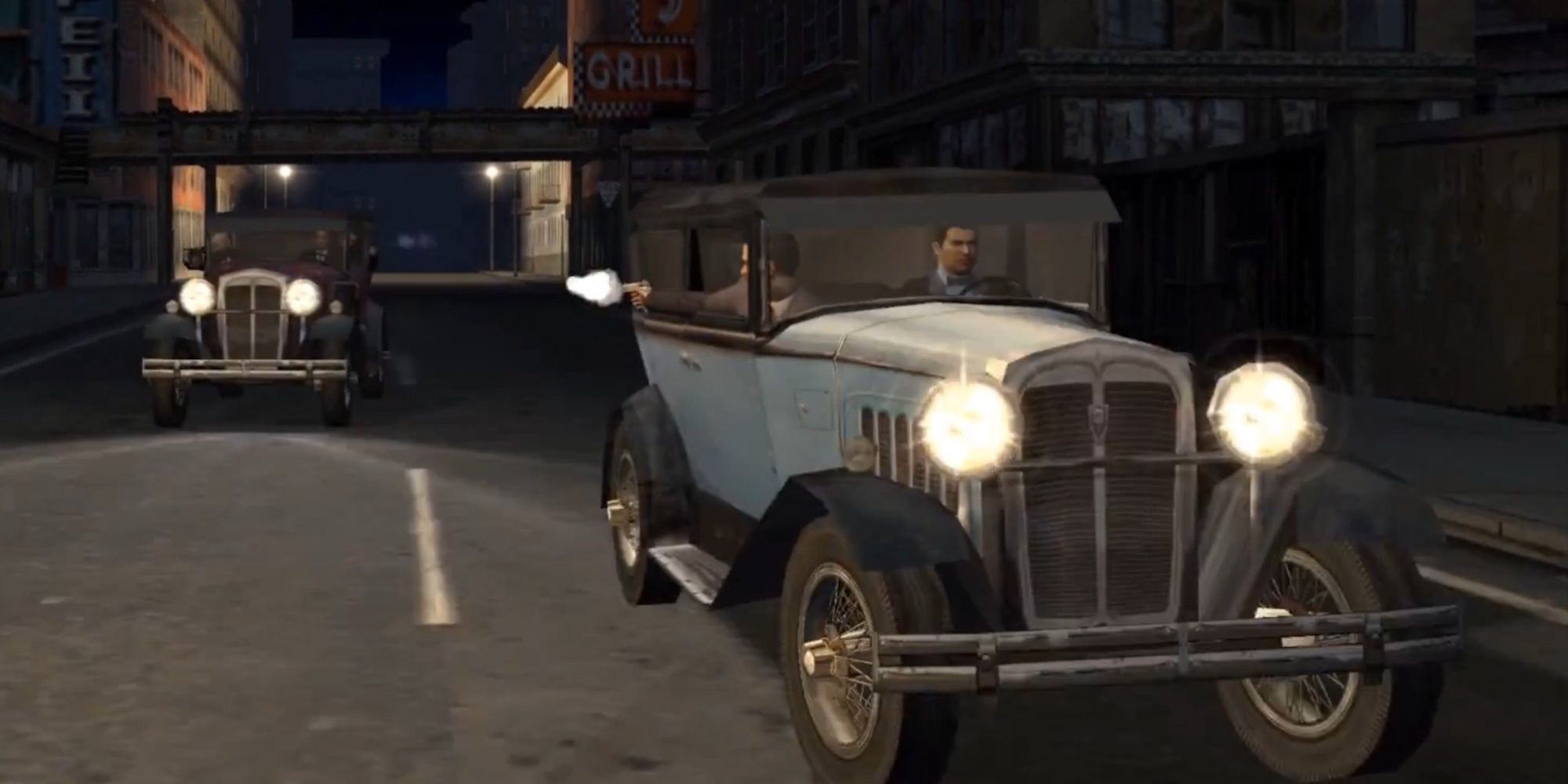 Paulie and Sam being chased by another vehicle, shooting out the window at the other car in the opening mission.