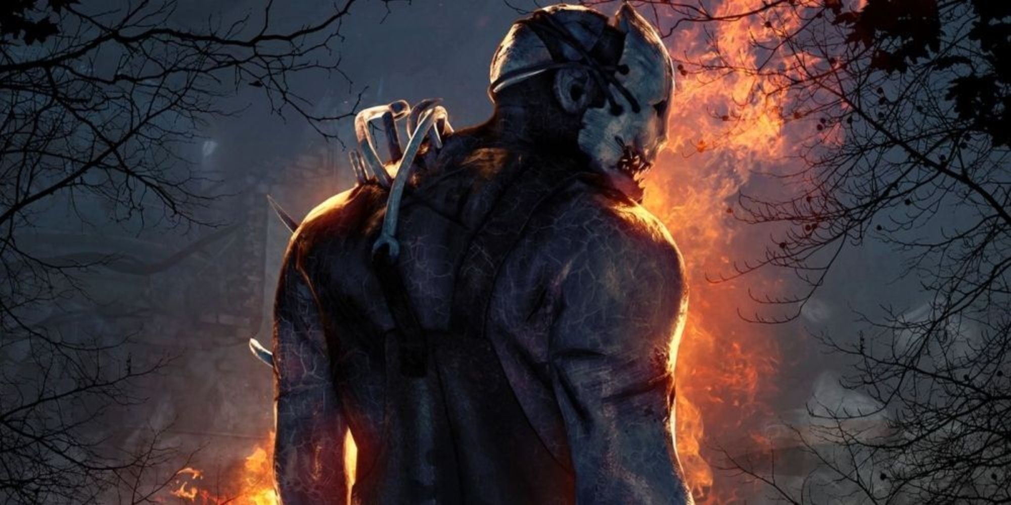 Dead By Daylight, The Trapper looking menacingly away from a burning area in the distance