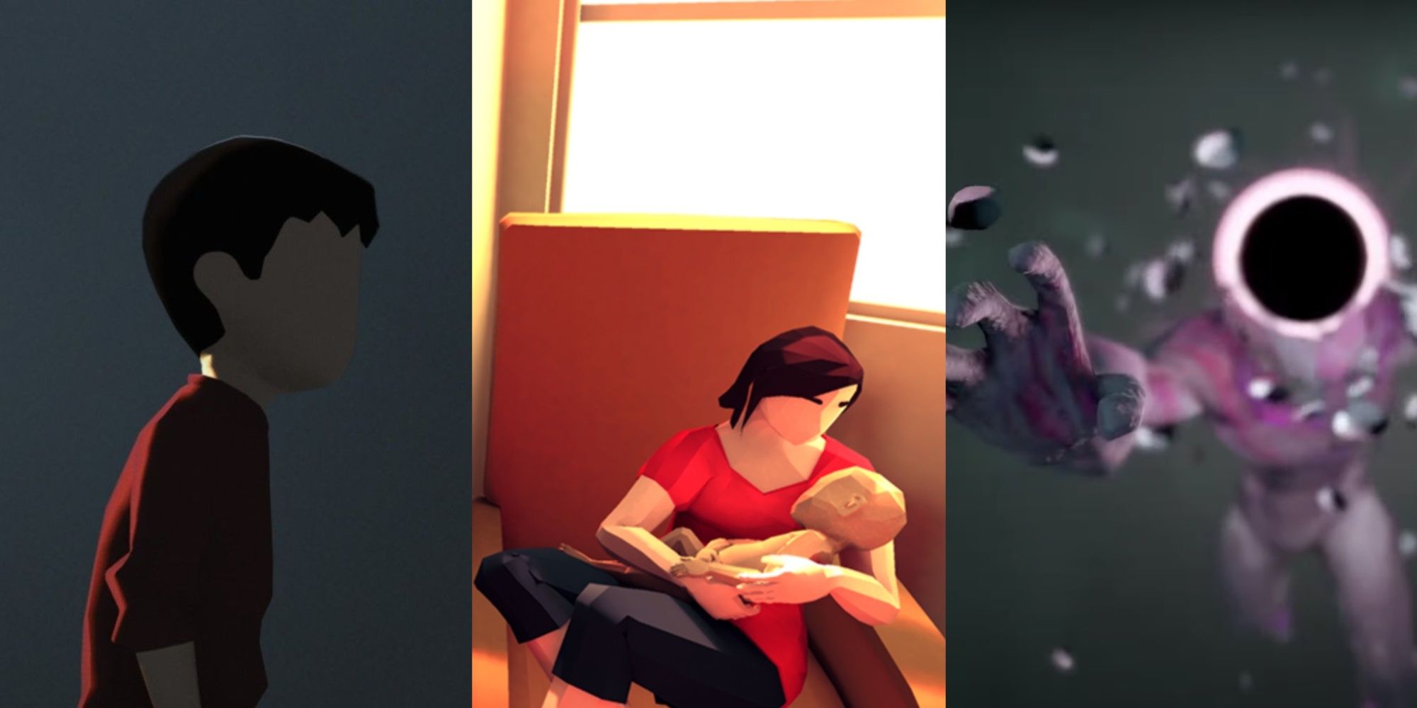 A three-image collage of the protagonist from Inside with a dark blue-gray background, Joel being held in his mother's arms in That Dragon, Cancer, and the Vessel from Grime reaching an arm out at the screen.