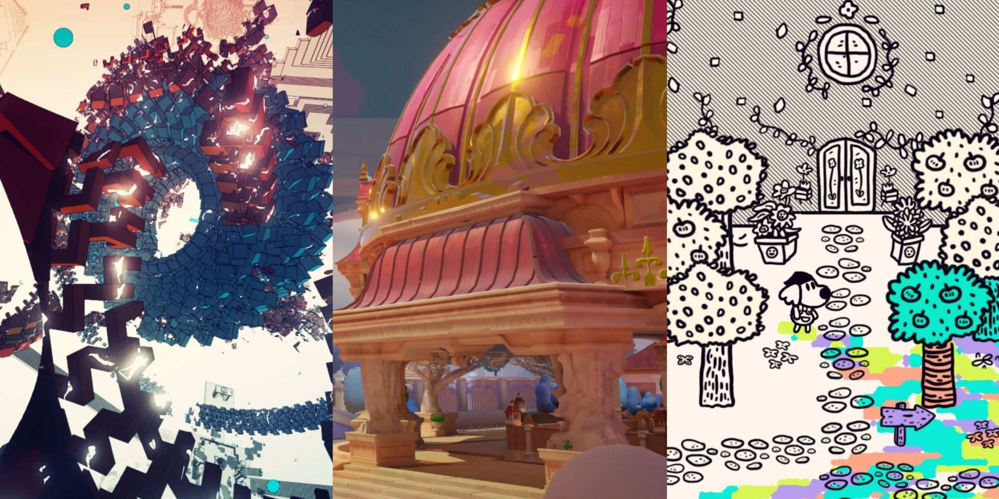 Collage of the Best Puzzle Games On PS4 & PS5, featuring Manifold Garden, Maquette, and Chicory: A Colorful Tale-1