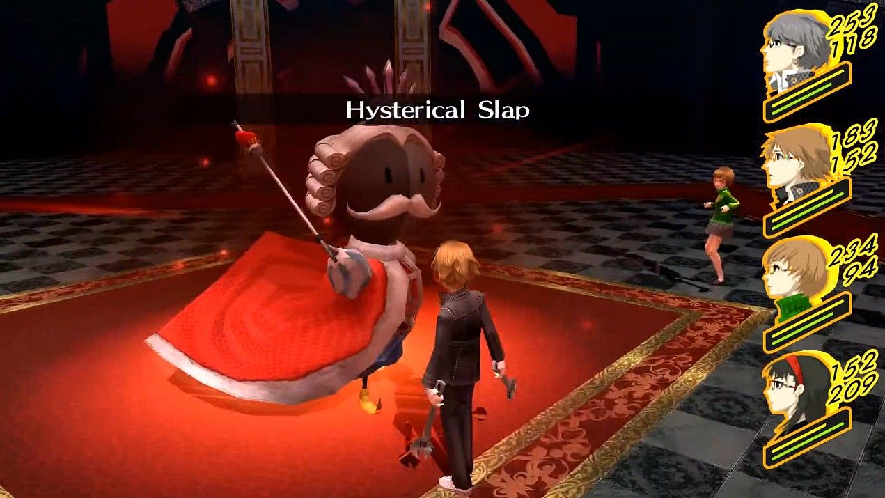 contrarian king hitting yosuke with hysterical slap in persona 4 golden