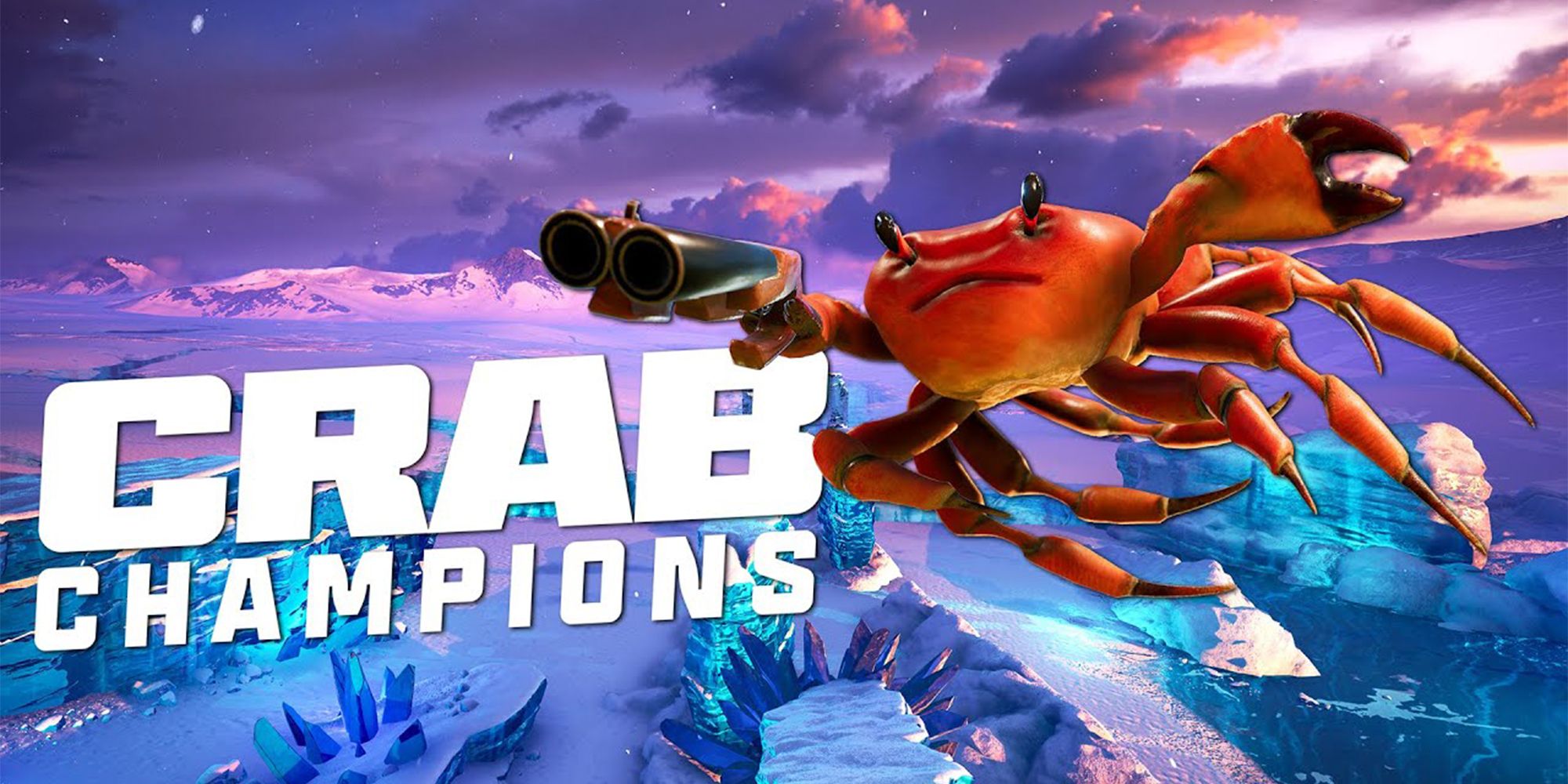 the crab champion holding a gun and jumping over a frozen sea