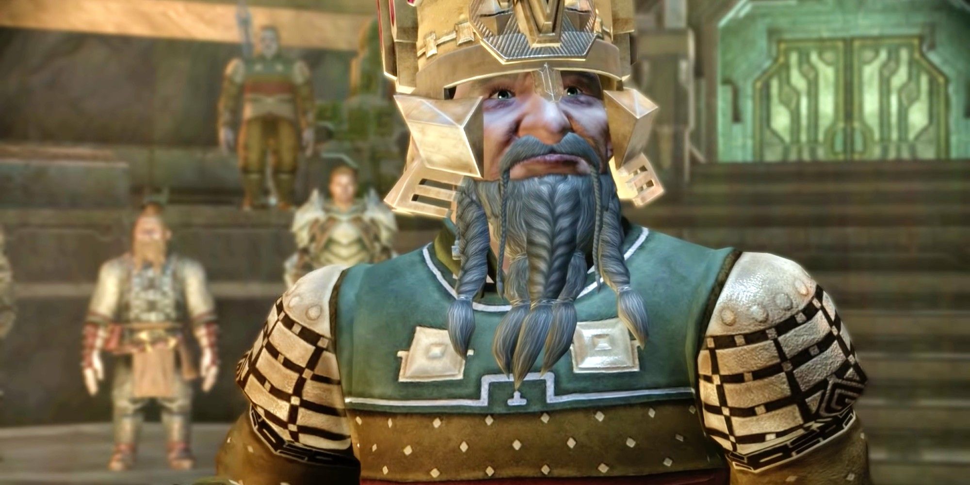 Crowned Lord Harrowmon looks at the crowd after becoming king - Dragon Age Origins