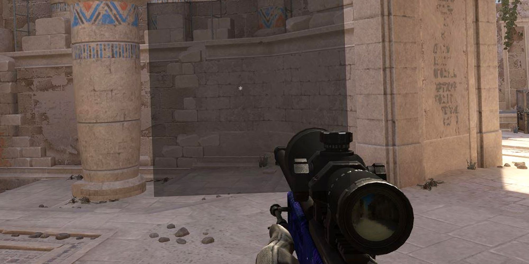 CS:GO player aiming an AWP at a wall on Mirage with the new Steam overlay beta notes pinned to the screen so that the asterisk becomes a crosshair