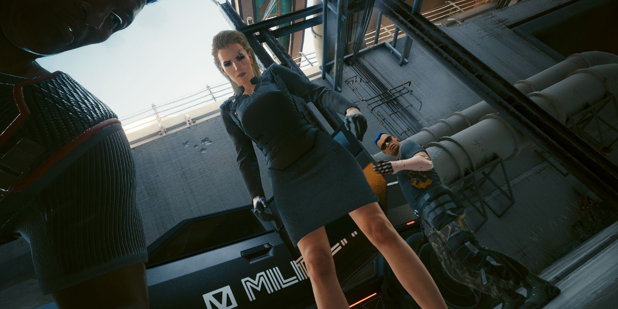 Meredith Stout Standing above V in Cyberpunk 2077.