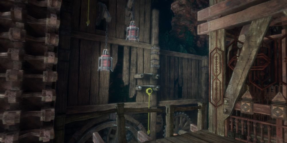 Dark Environment showing a wooden wall in Horizon Call of the Mountain.