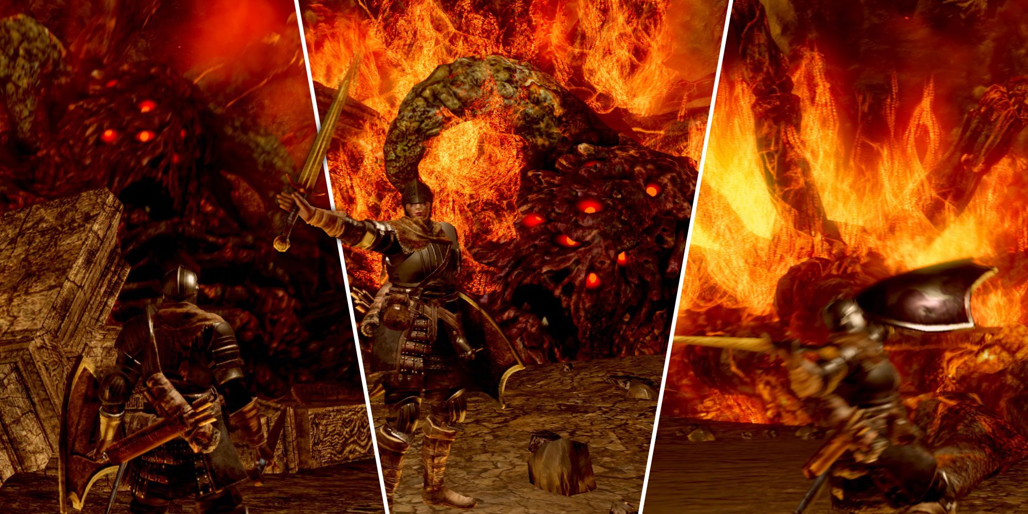 Split image of fighting the  Ceaseless Discharge in Dark Souls Remastered