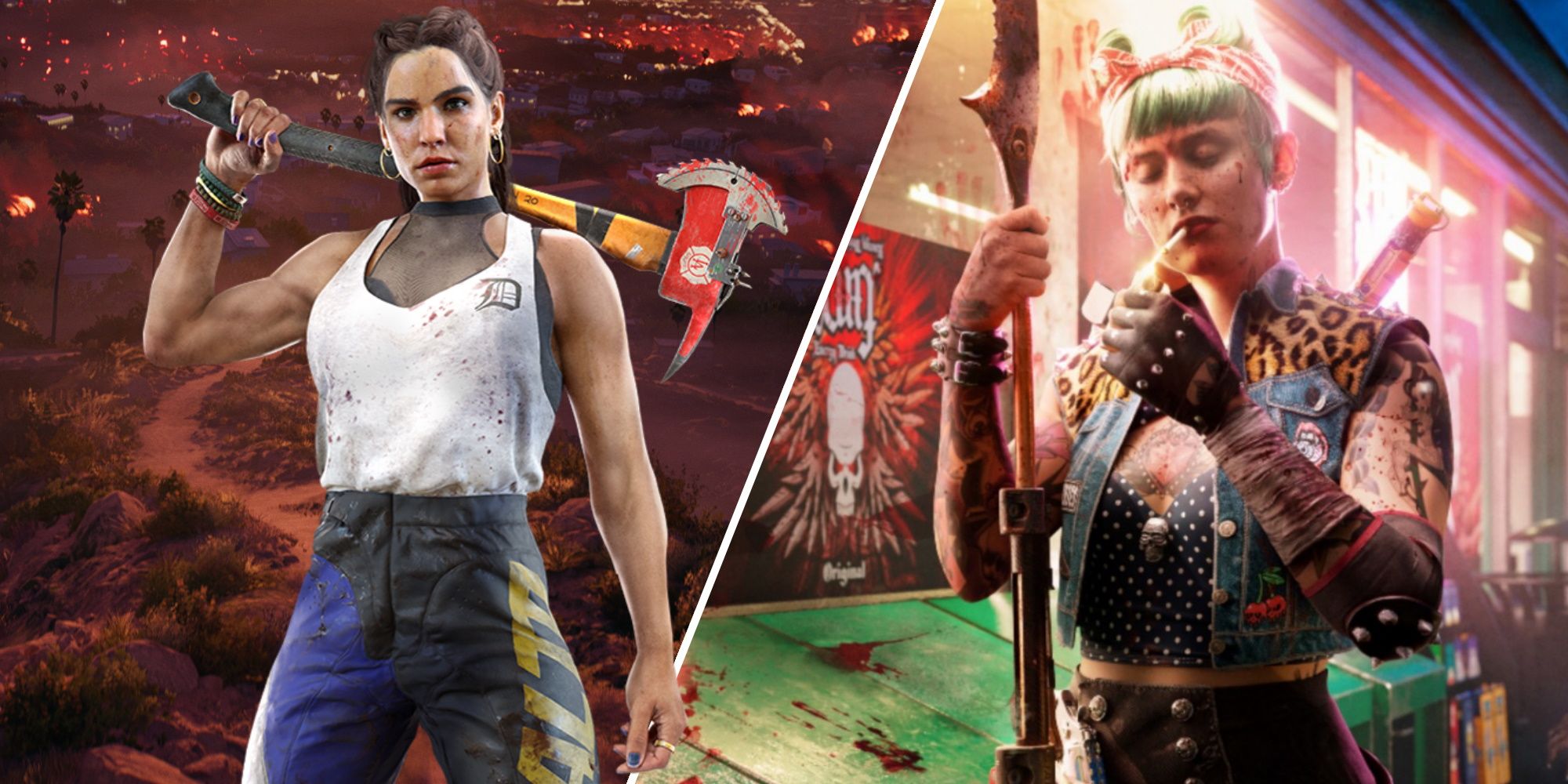 Dead Island 2, Woman on left holding axe weapon, Woman on left holding spear weapon and lighting cigarette