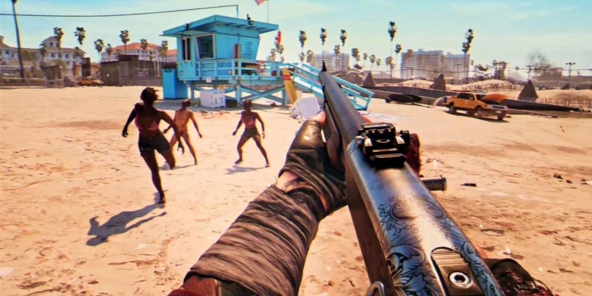 dead island 2 character holding a shotgun on the beach aiming at zombies